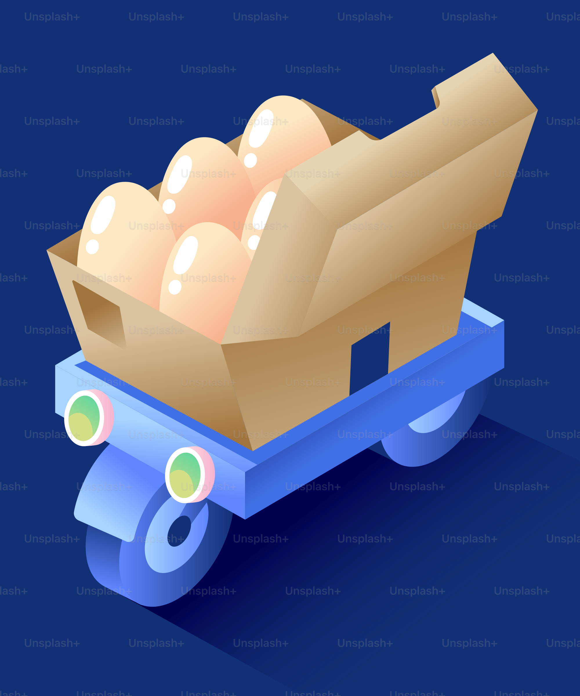 Cart with eggs in a cardboard box.