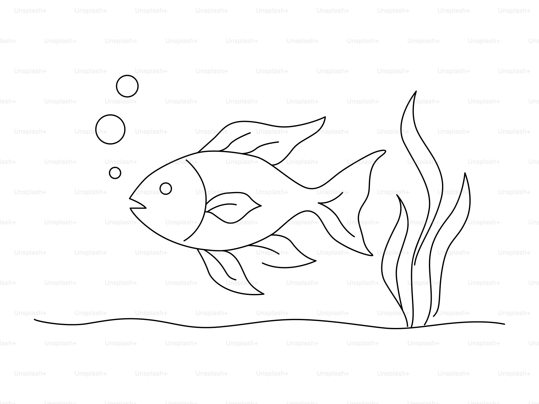 A simple line drawing of a fish with bubbles.