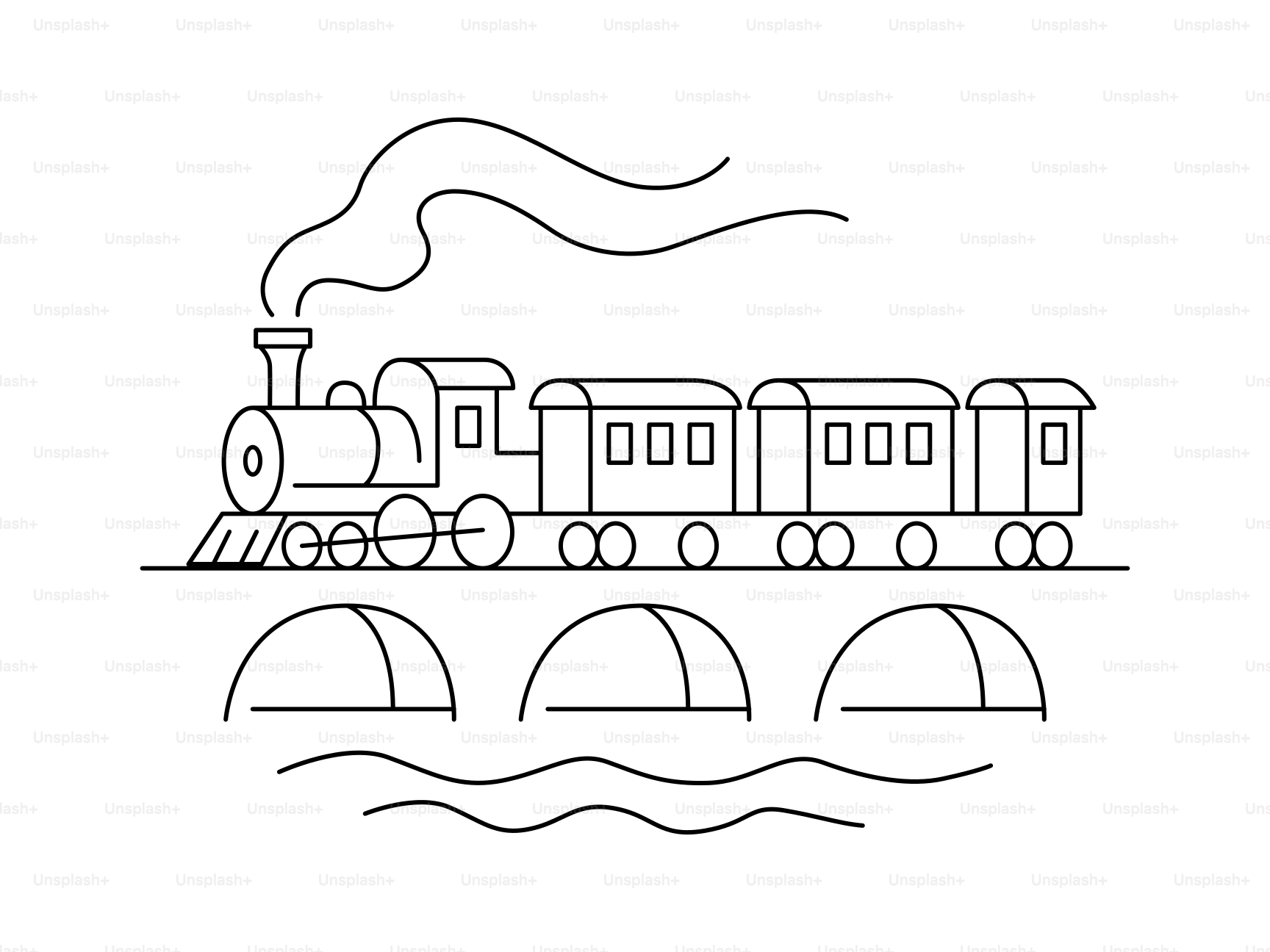 A line drawing of a steam train crossing a bridge.