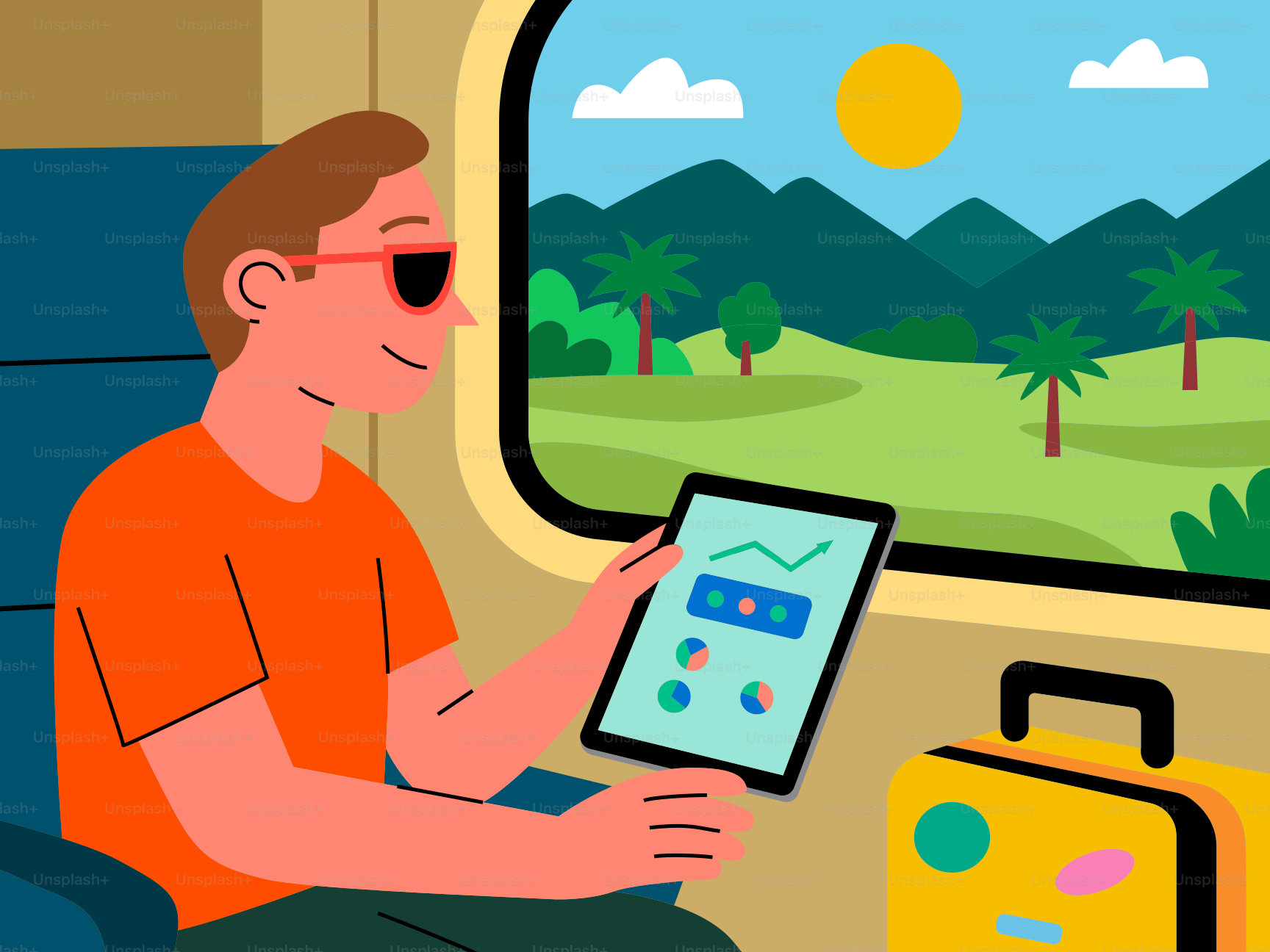Man using tablet on train with scenic view