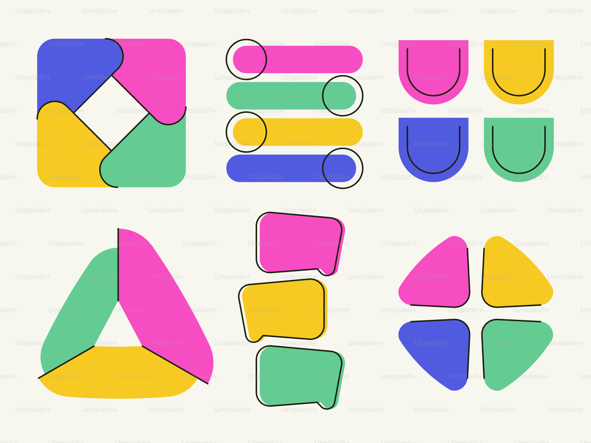 Bunte abstrakte Formen und Elemente auf cremefarbenem Hintergrund