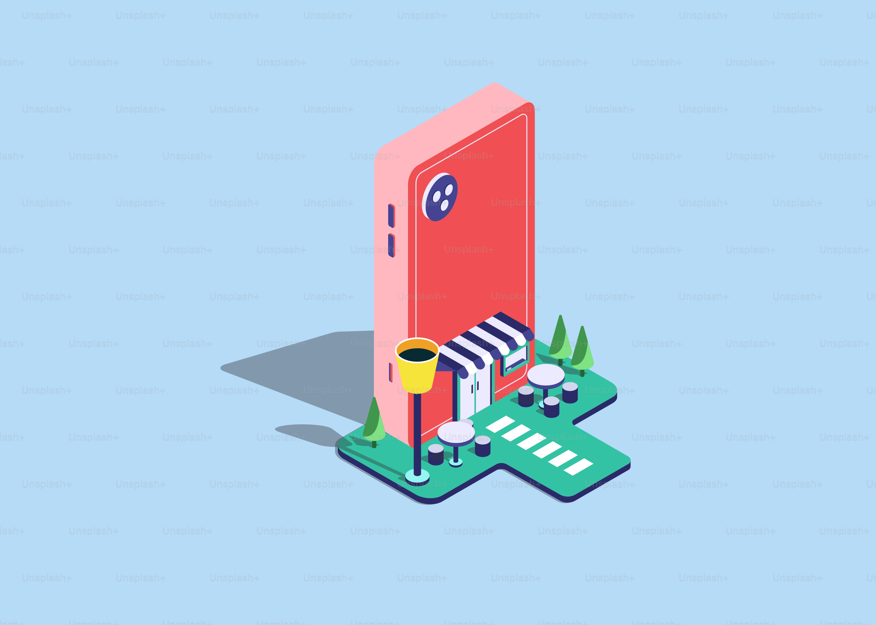 Isometric smartphone with cafe and seating area