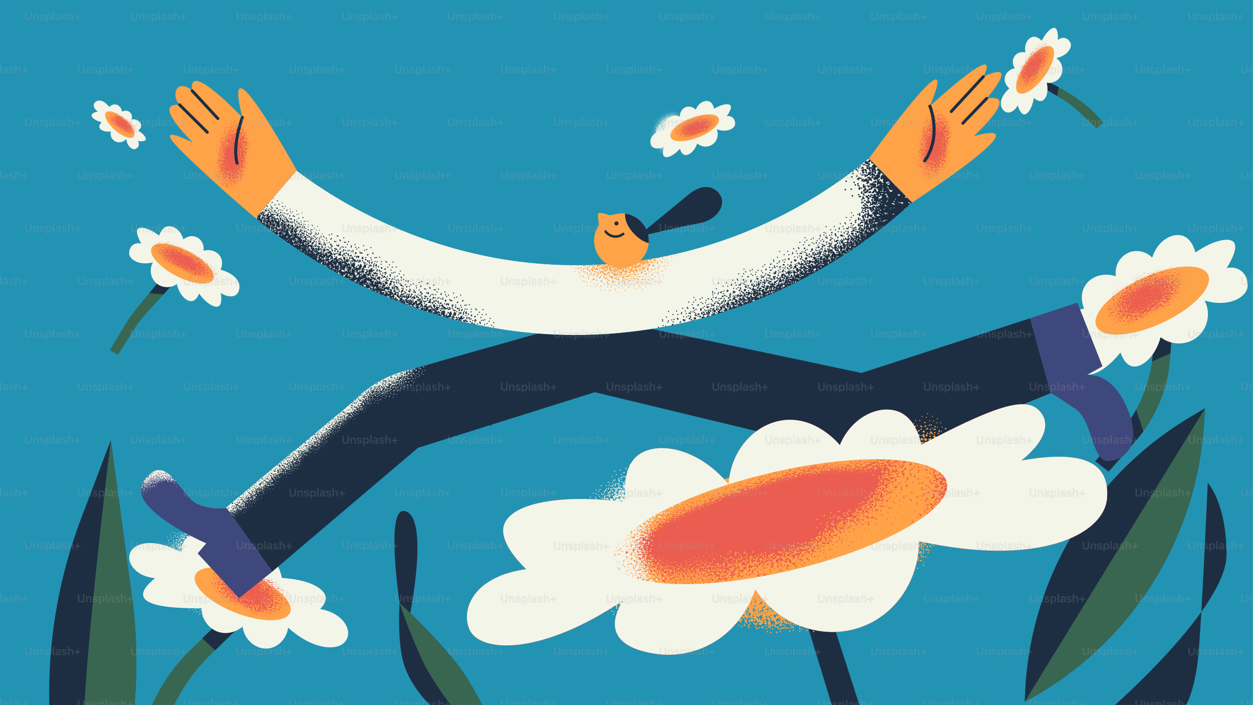 Eine stilisierte Person, die durch Gänseblümchen springt