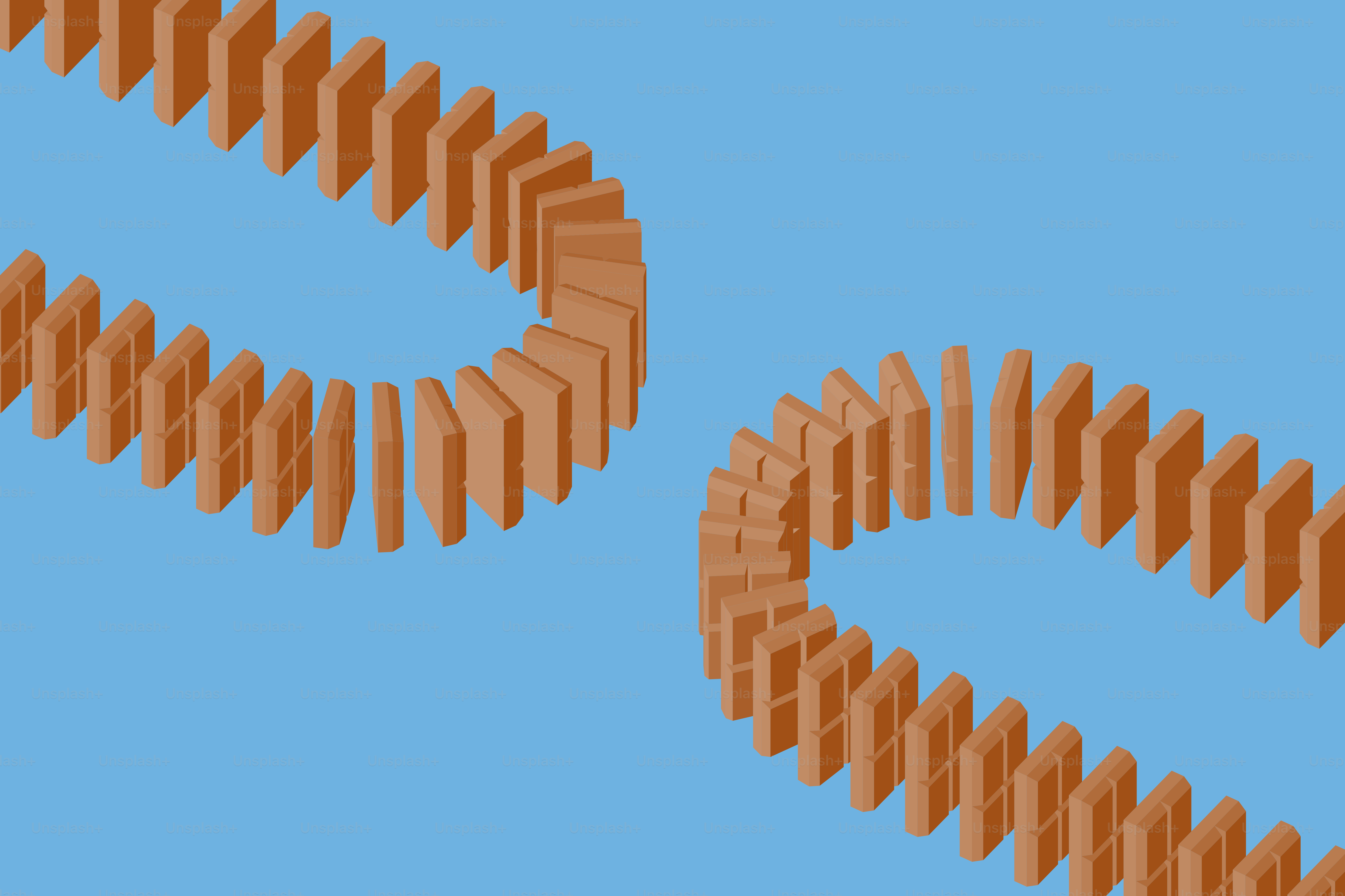 Two lines of dominoes curving on blue background