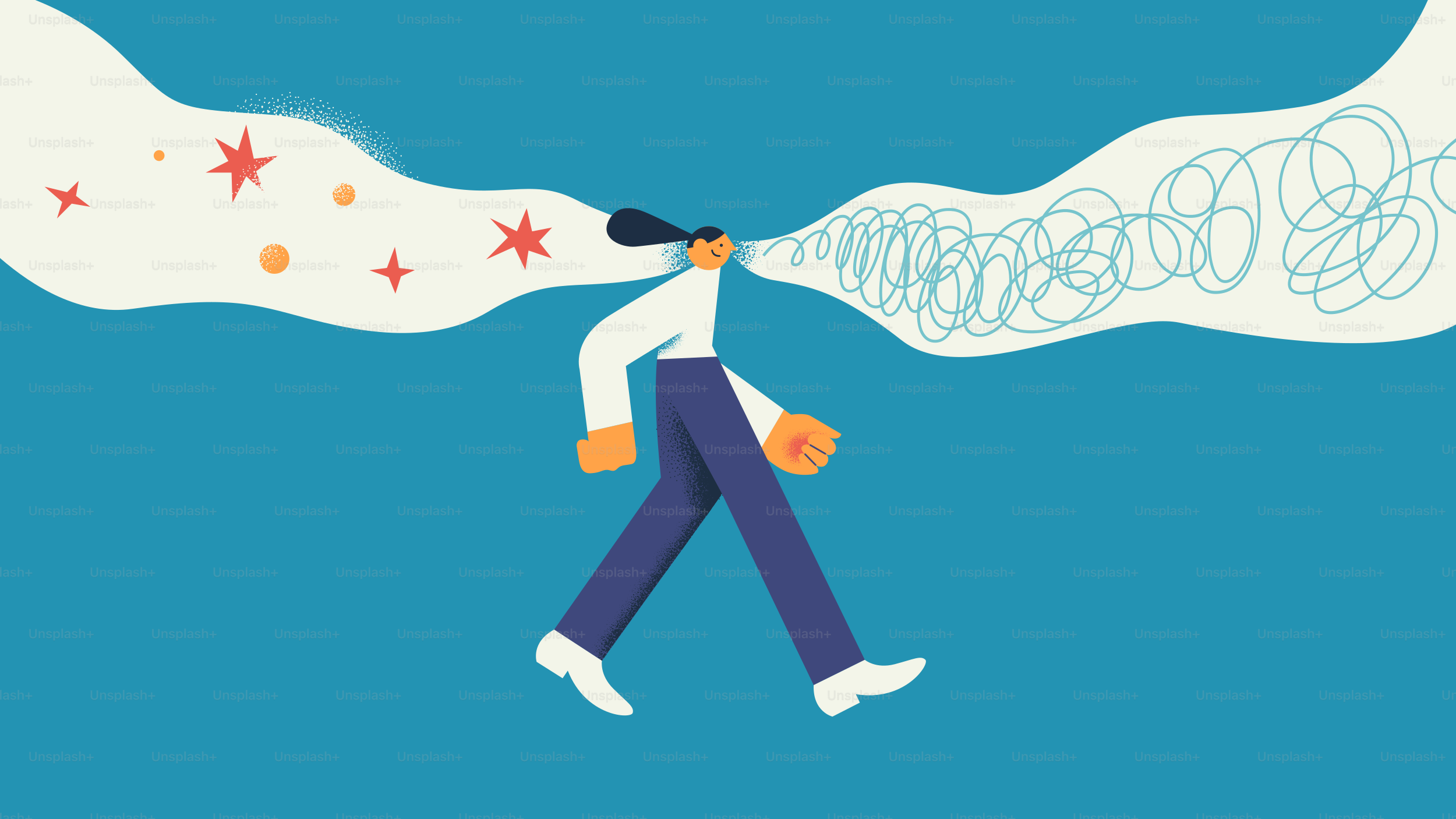 Person walking with clear thoughts and tangled thoughts. vector ...