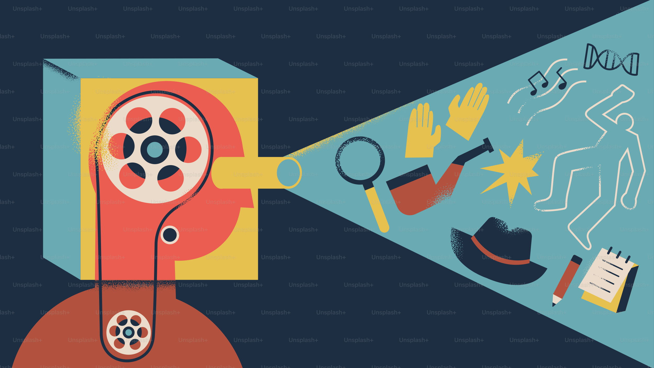 Detective's mind projects clues and crime scene elements.