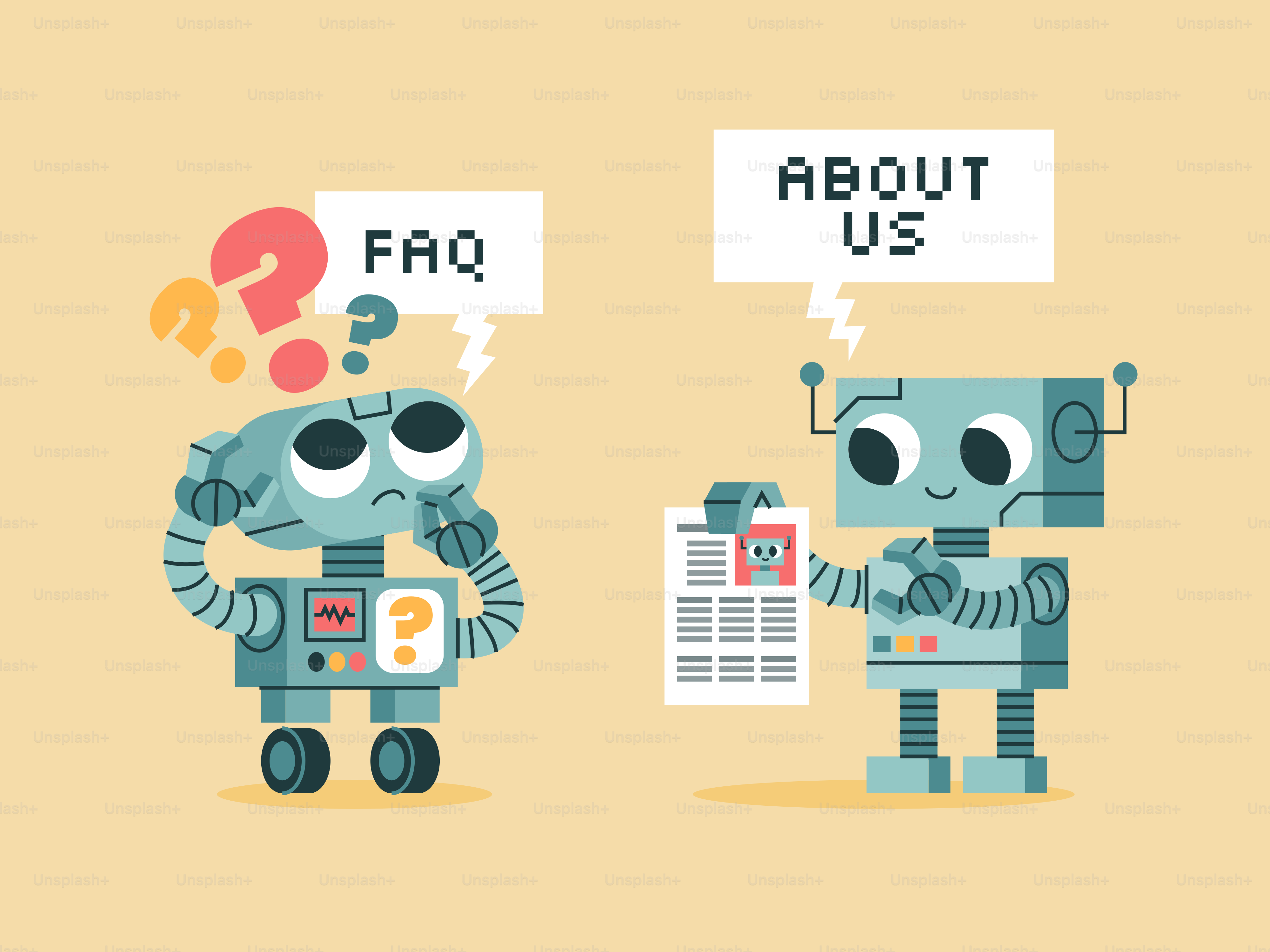 Zwei Roboter mit Gedankenblasen über FAQ und über uns.