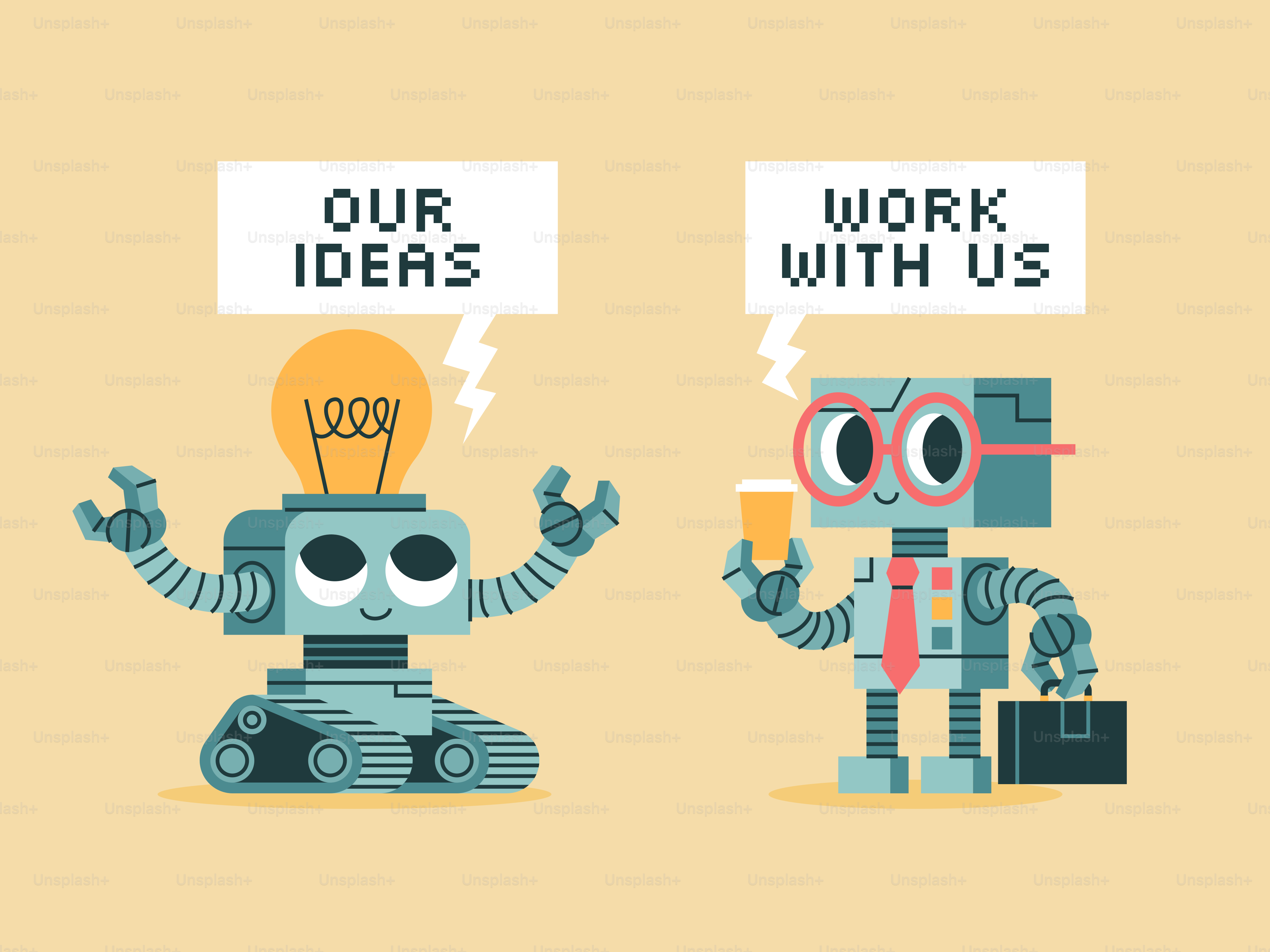 Roboter mit Glühbirne und Kaffee diskutieren Ideen