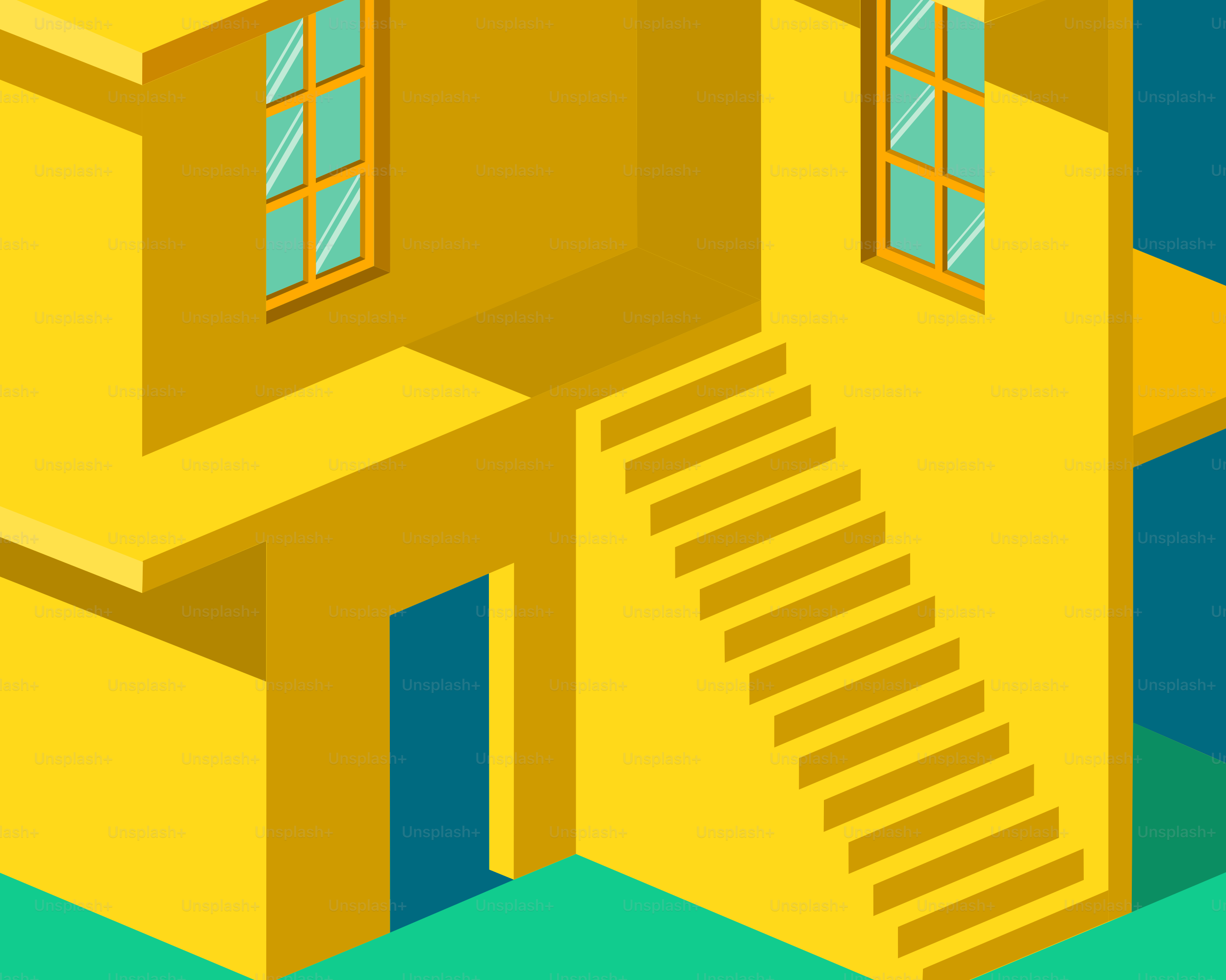 Yellow building with stairs and blue door.