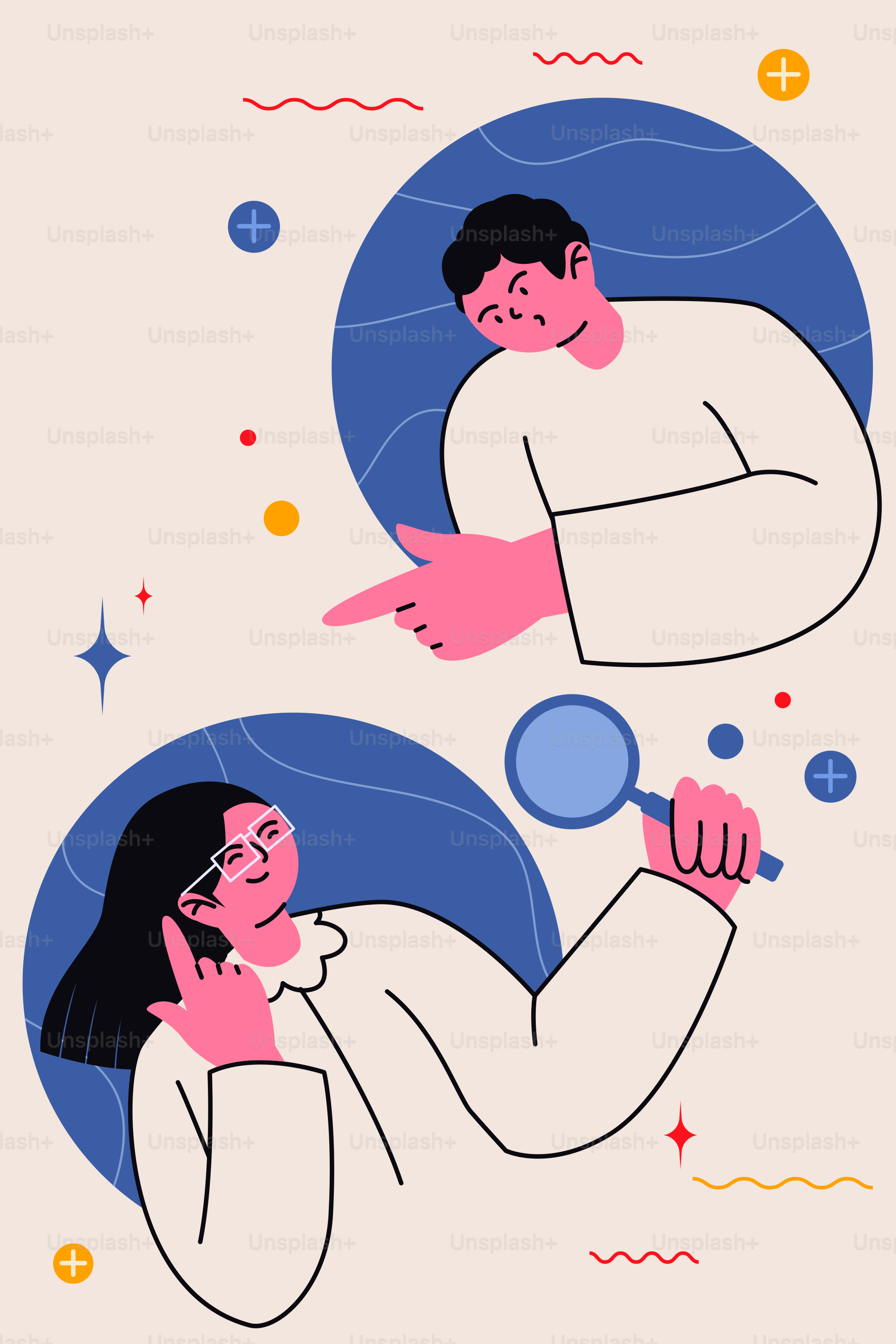Two people communicating with magnifying glass and pointing.