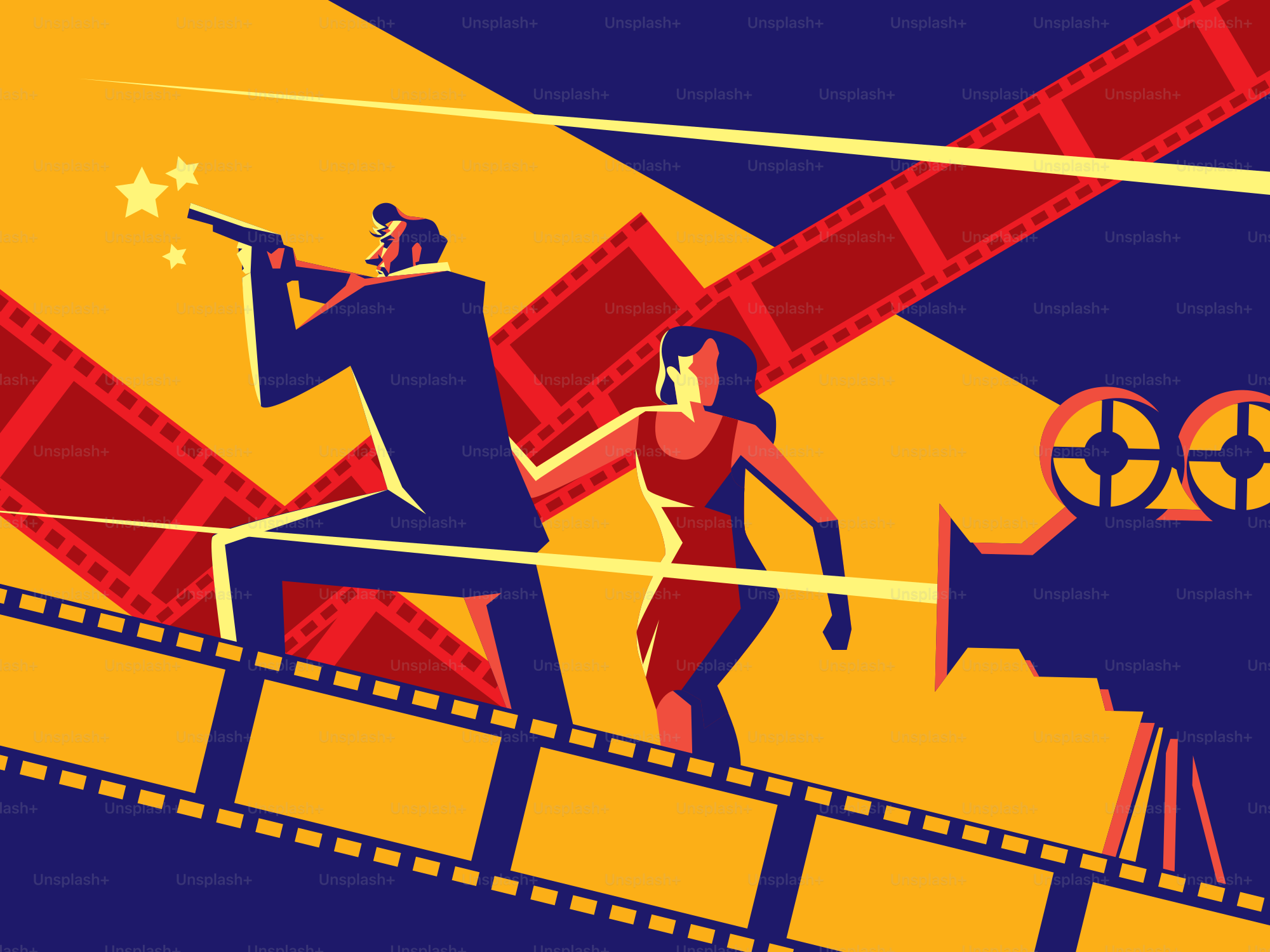 Uomo con pistola e donna vicino alla bobina del film