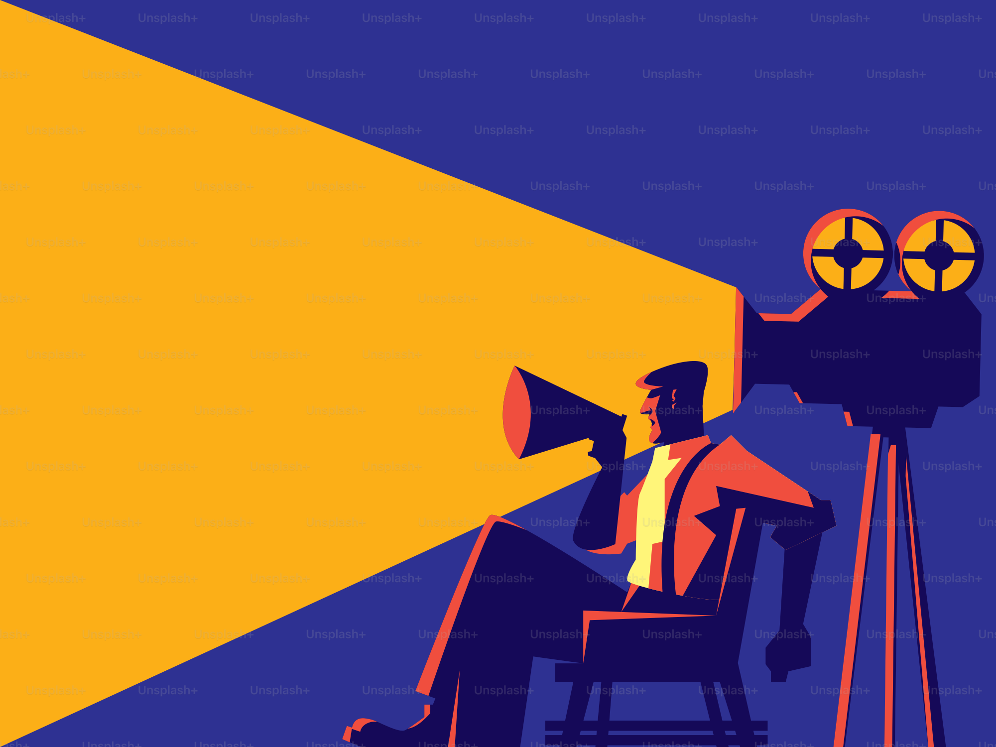 Man with megaphone in spotlight from of movie camera