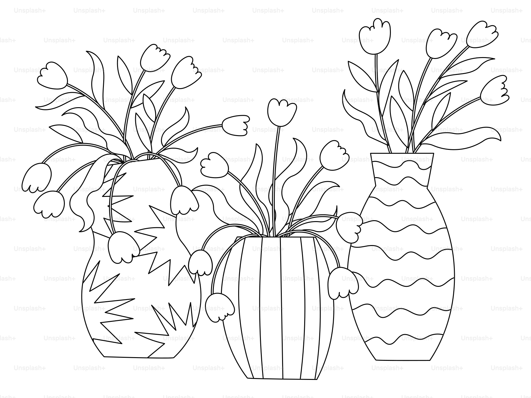 Three vases with tulips drawn in outline