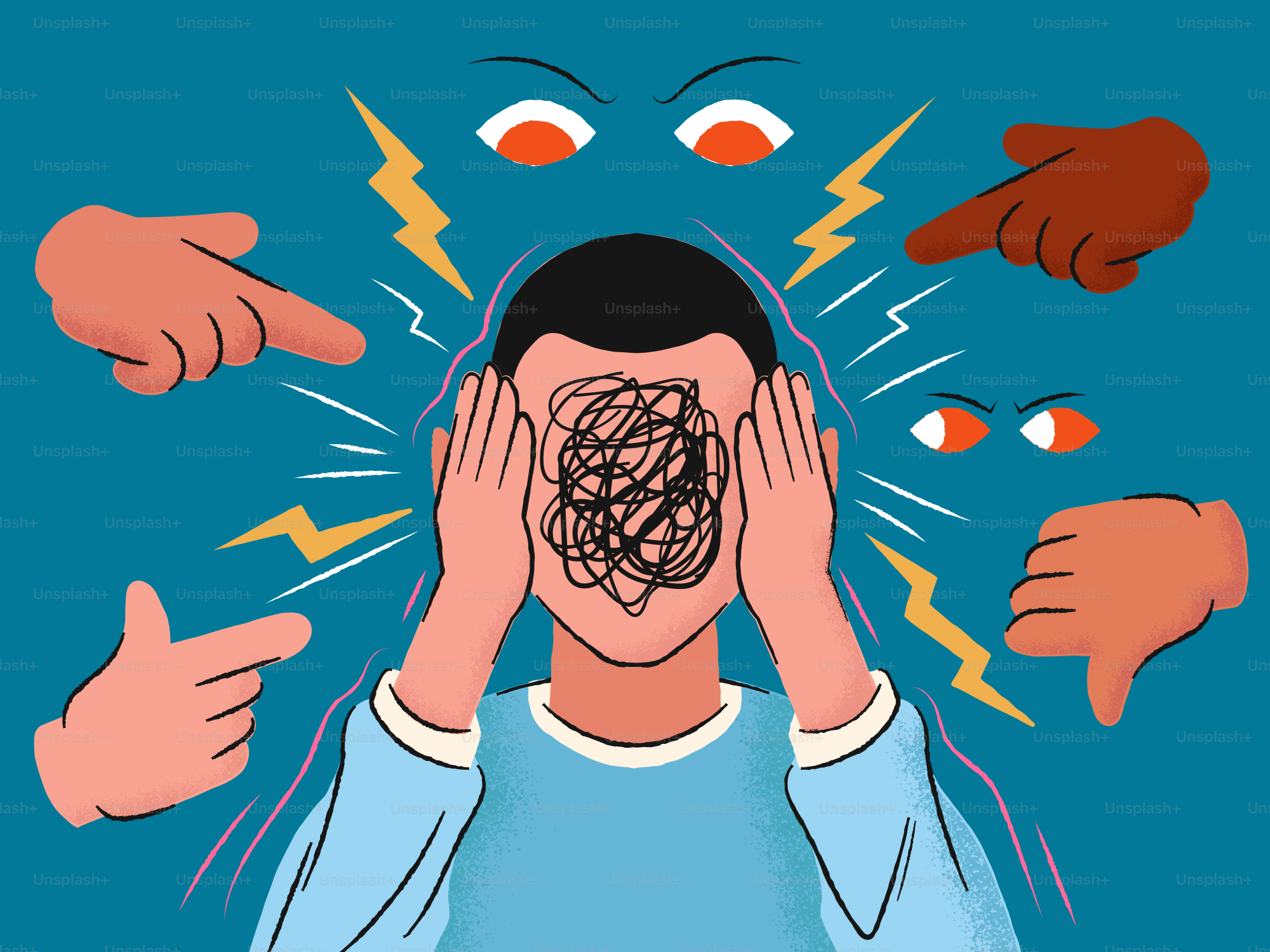 Orang yang diliputi oleh mata yang menghakimi dan menuding jari.