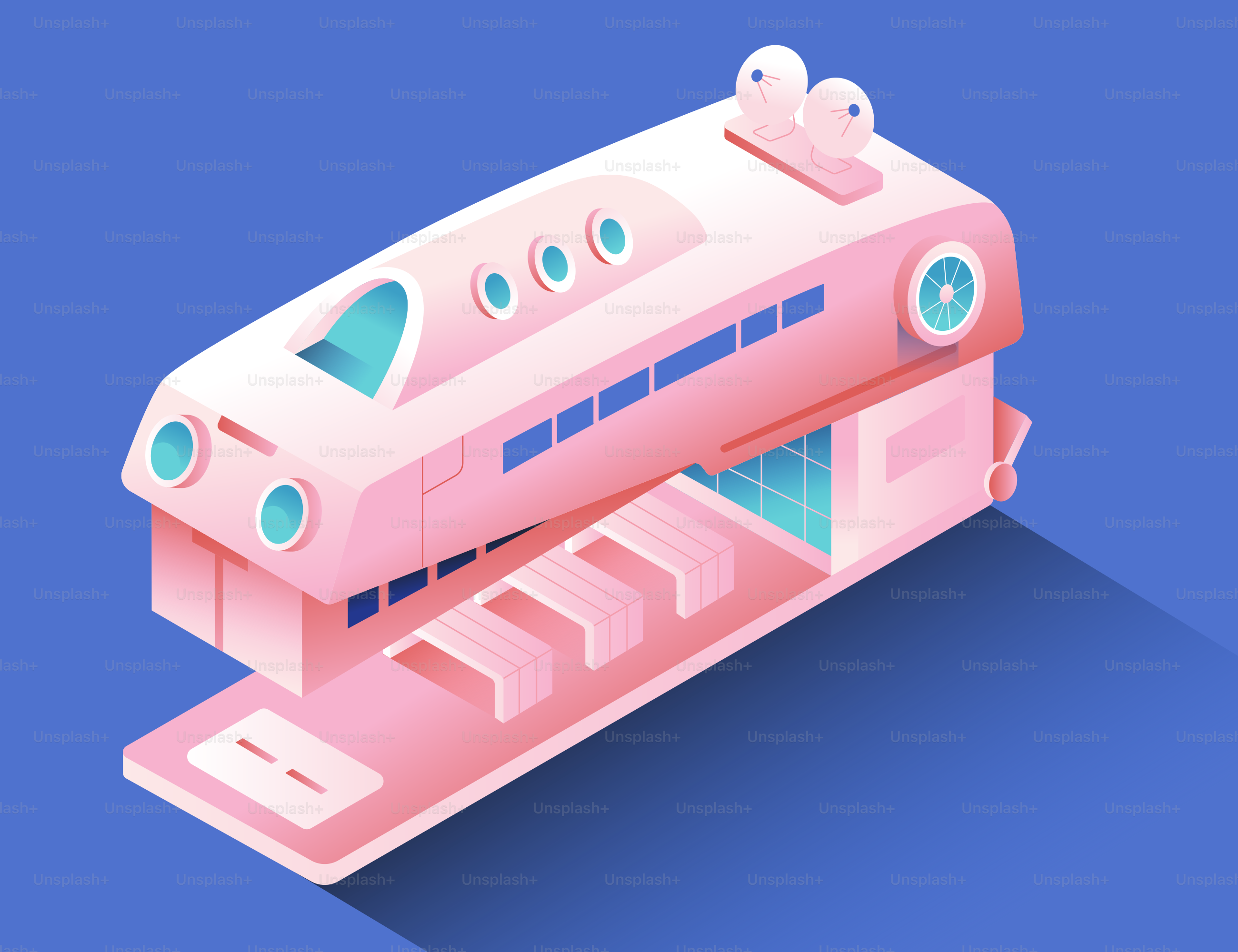 Pink futuristic stapler with blue accents on blue background