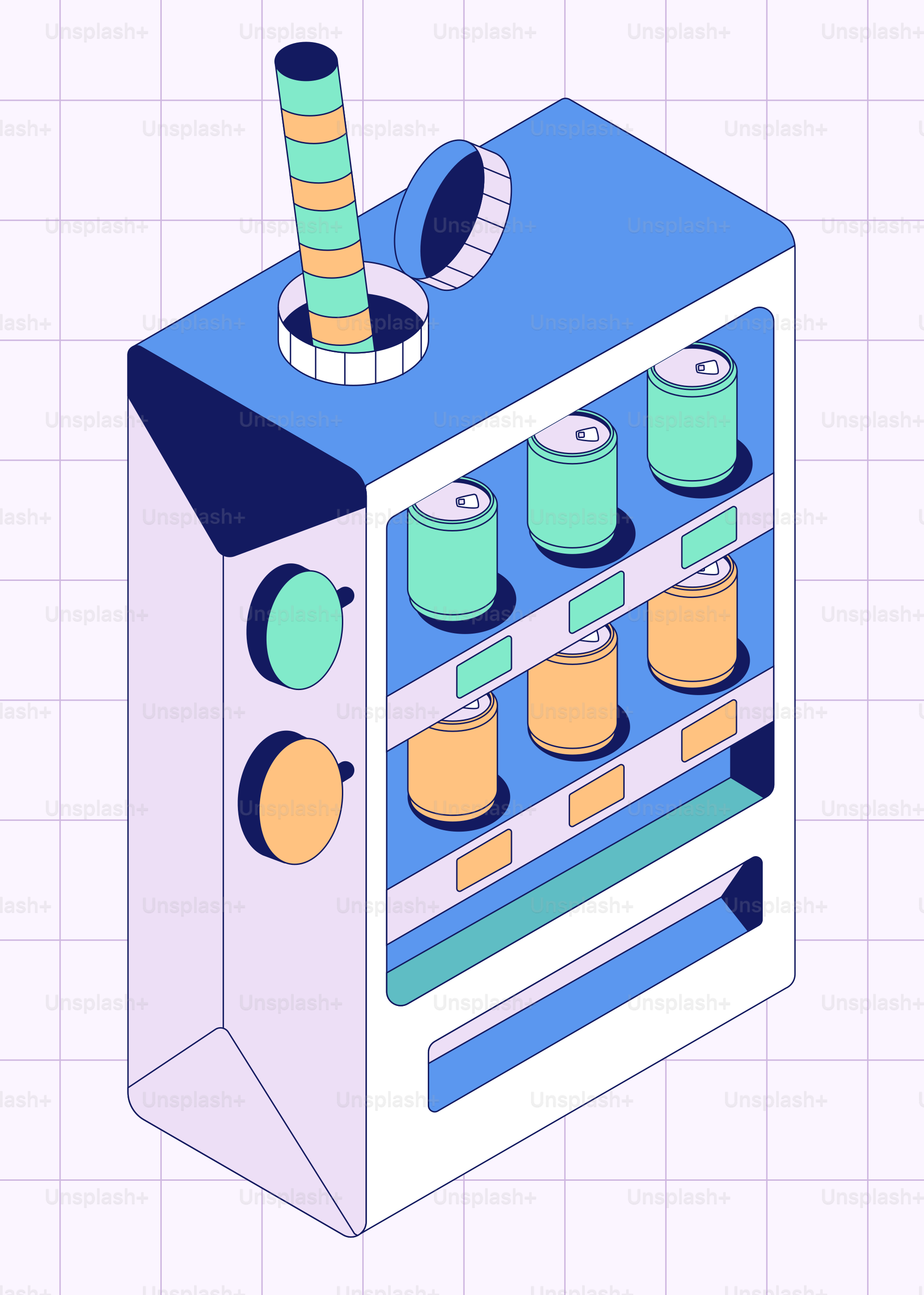 Vending machine with colorful cans and straw