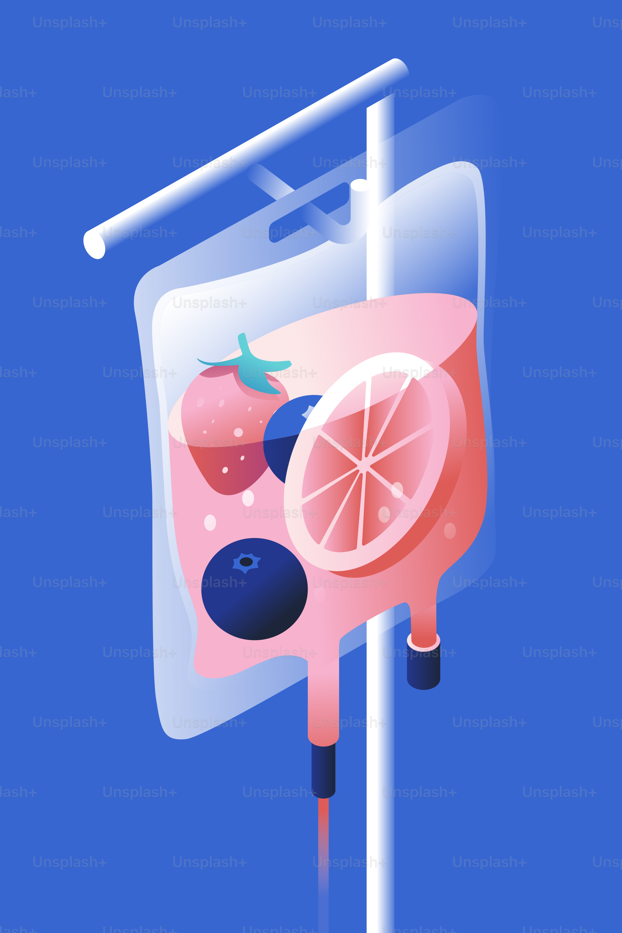 Iv bag filled with fruit and pink liquid.