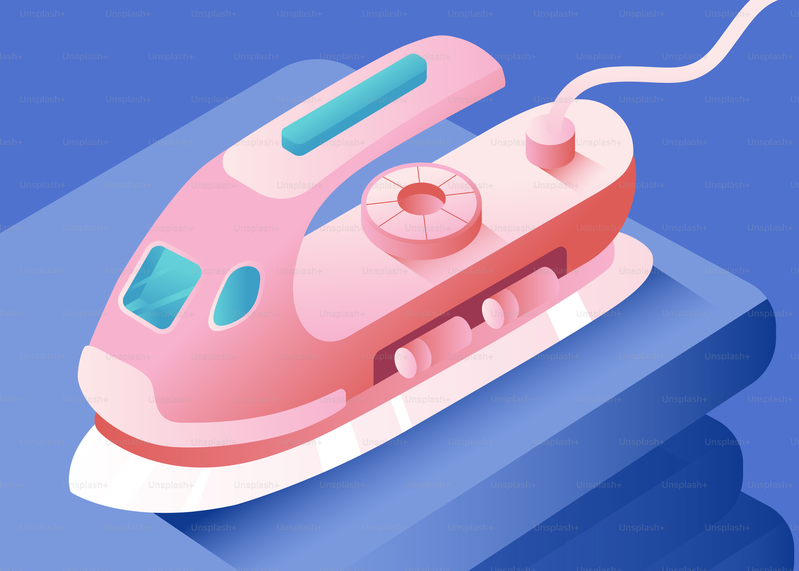 A pink iron rests on a blue surface.