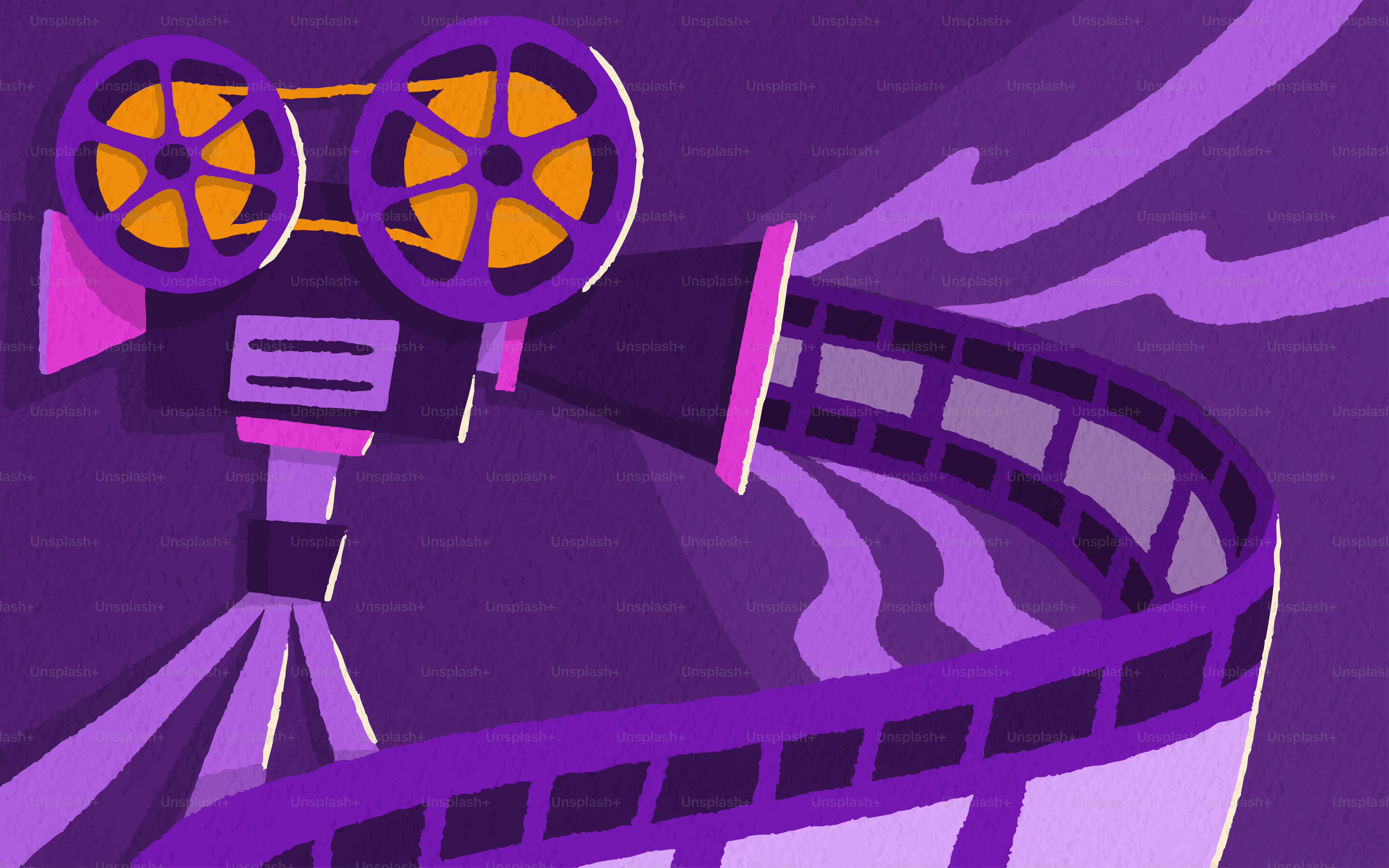 Vintage film projector with purple swirling background