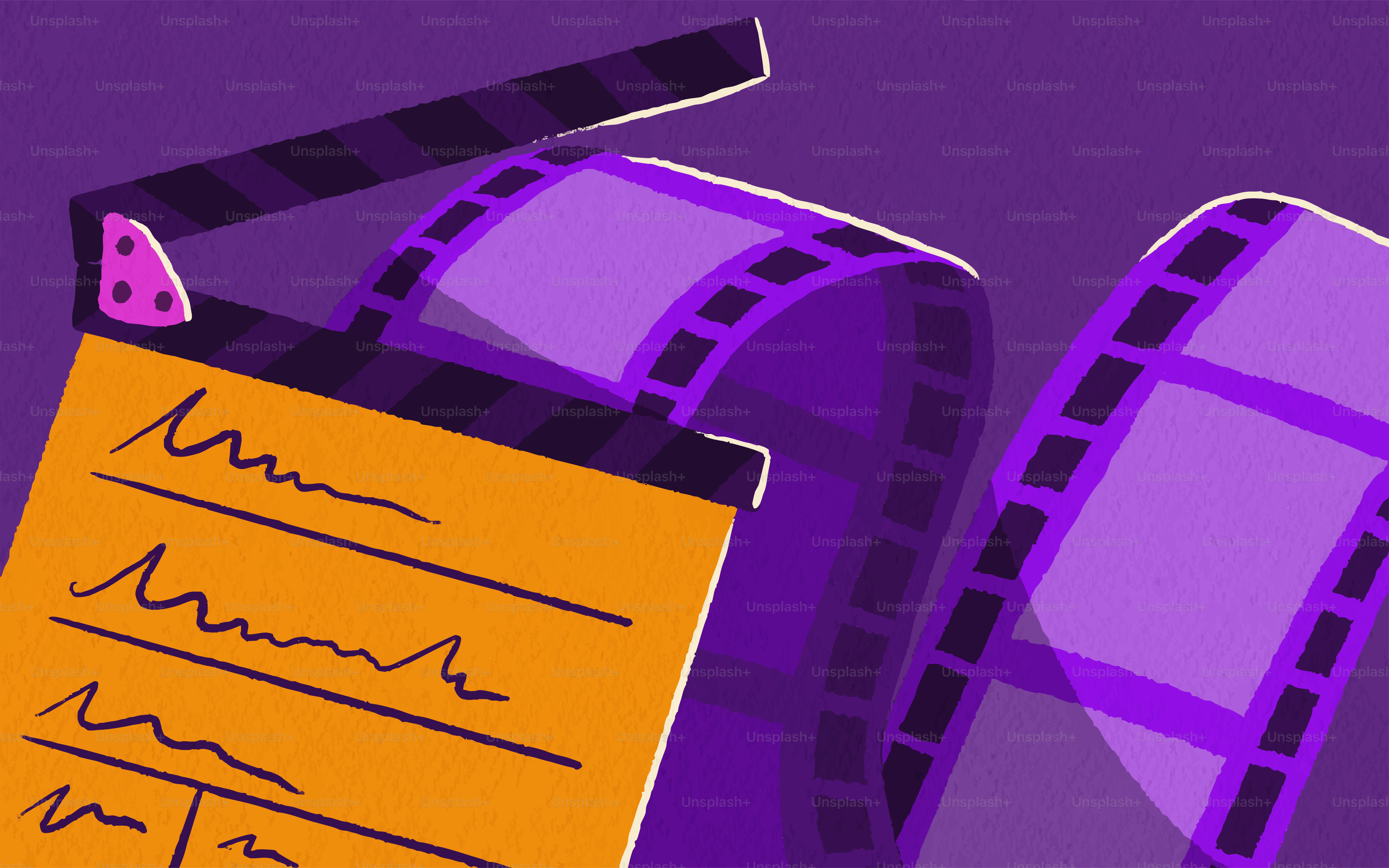 Clapperboard and film reel on purple background