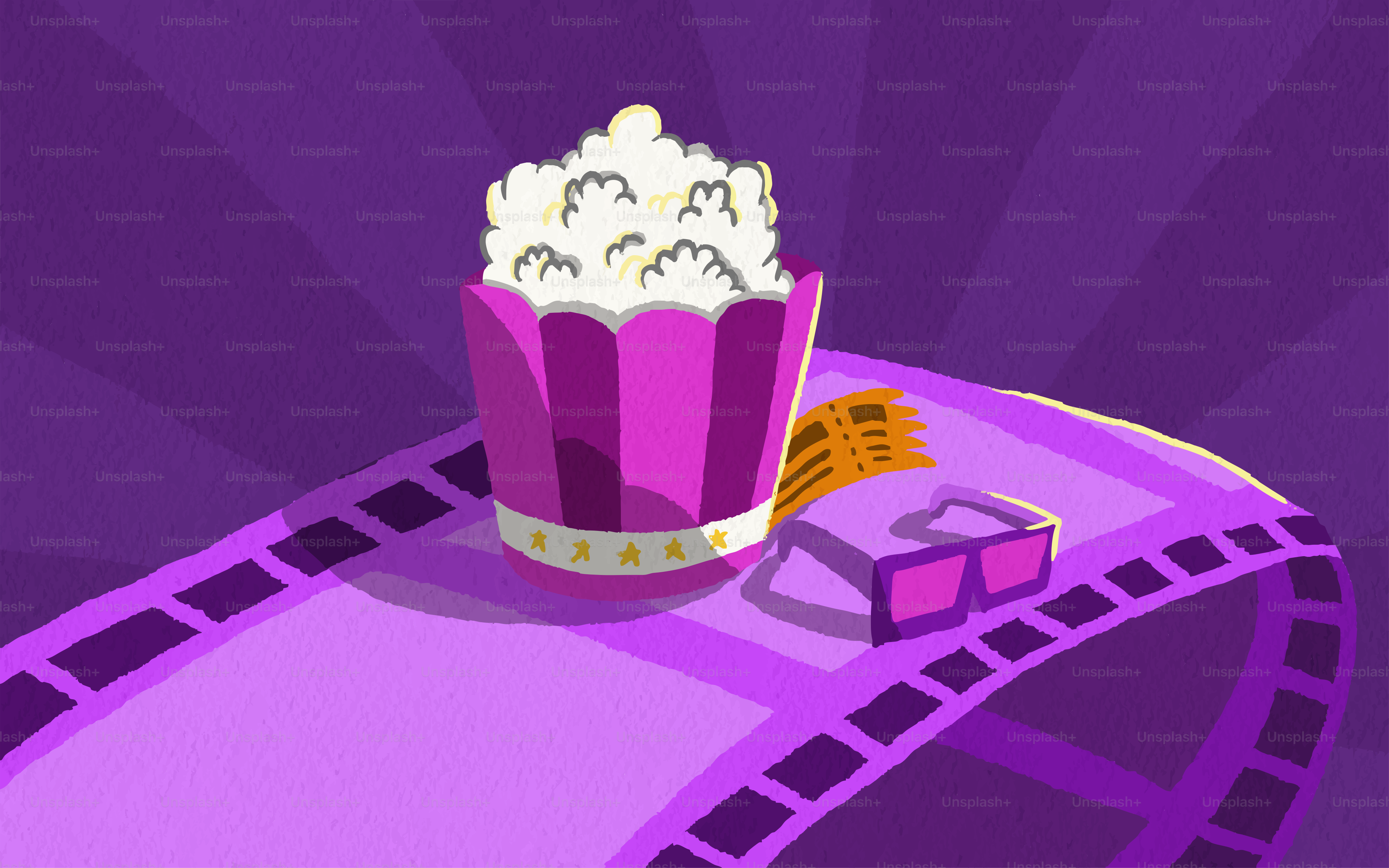 팝콘, 티켓, 그리고 필름 릴에 담긴 3D 안경.