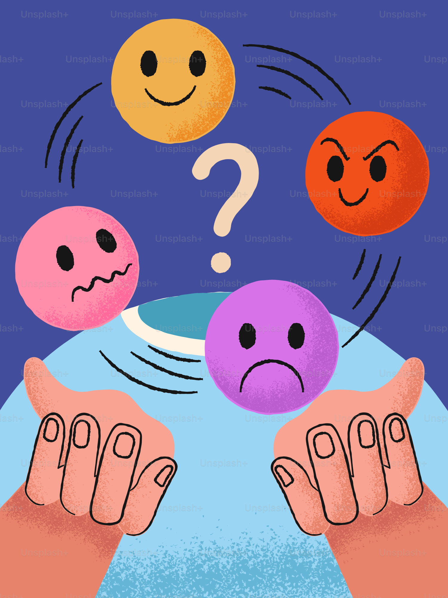Hands juggling different emotion faces with question mark