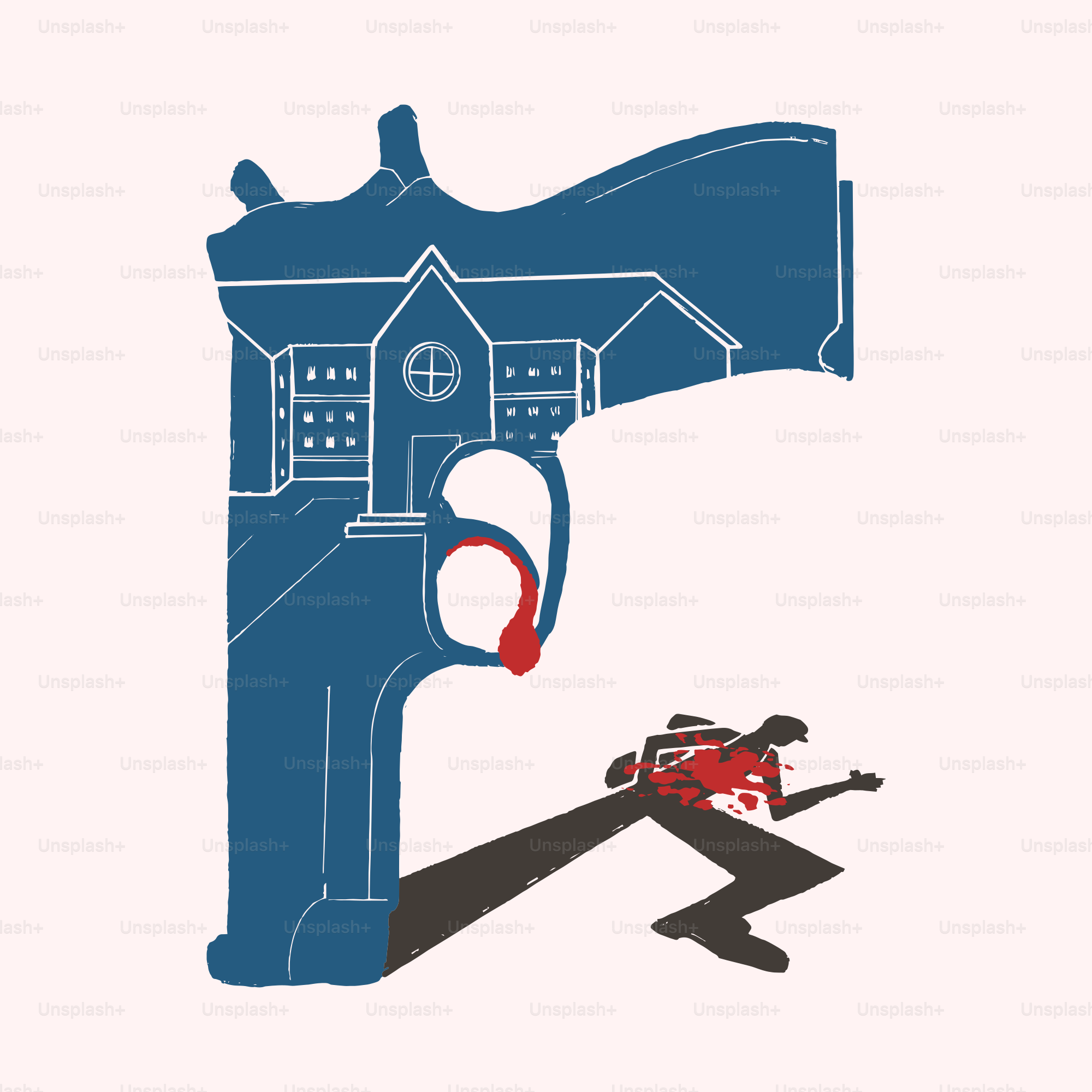 Waffensilhouette enthält Haus, Opfer blutet