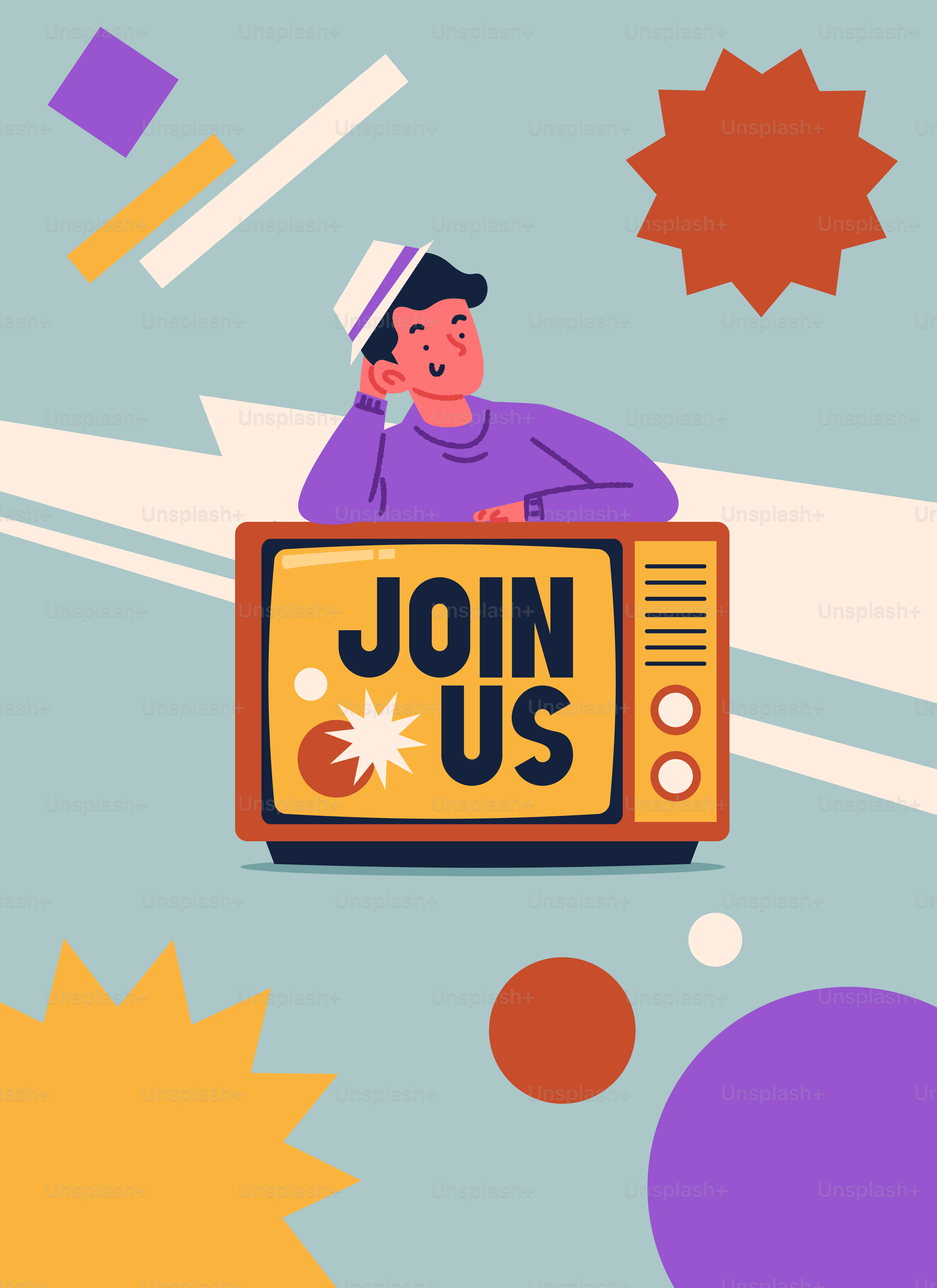 Man looking at a vintage TV screen saying join us