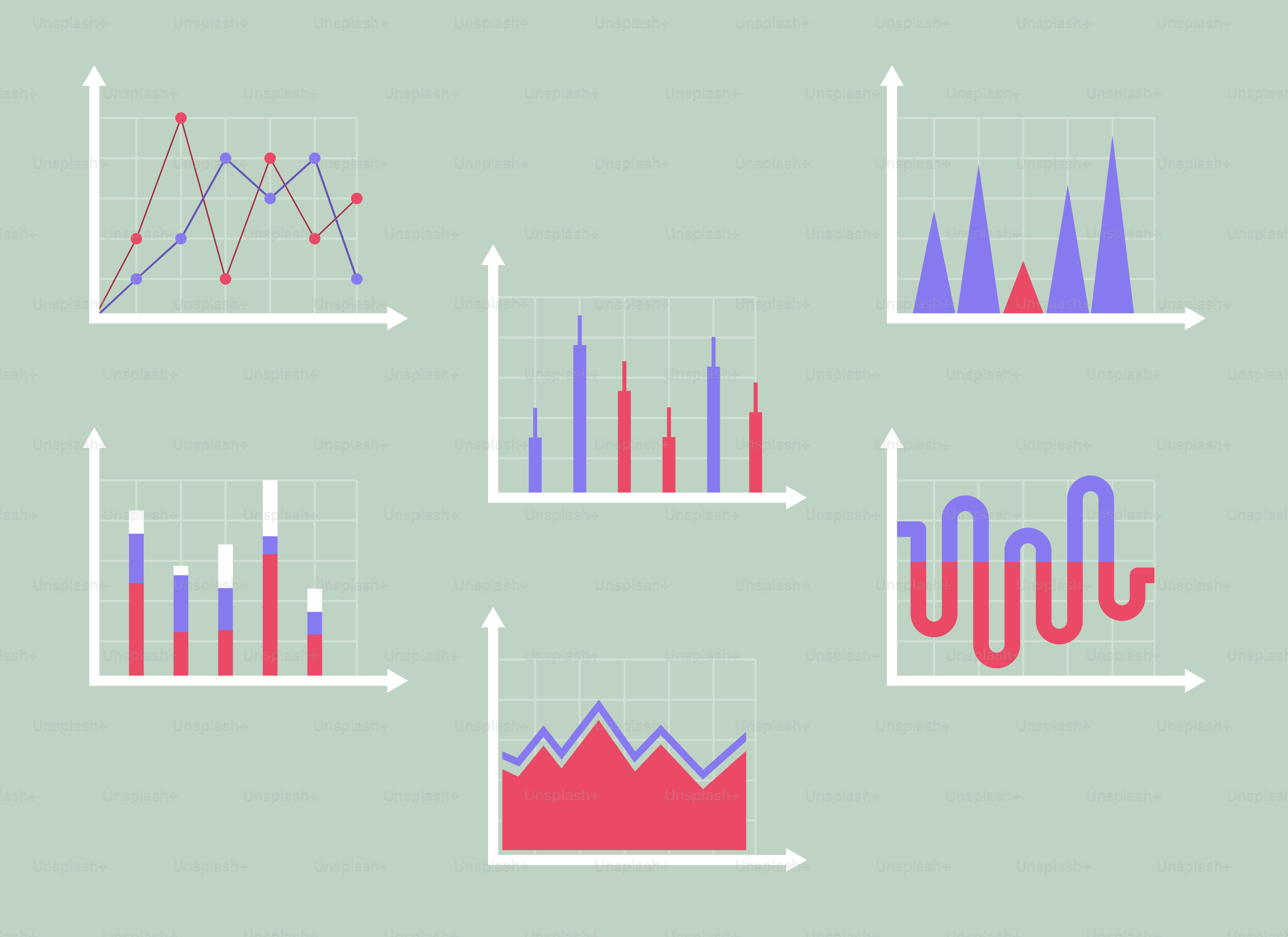 さまざまなカラフルなデータチャートやビジネスチャートのコレクション。