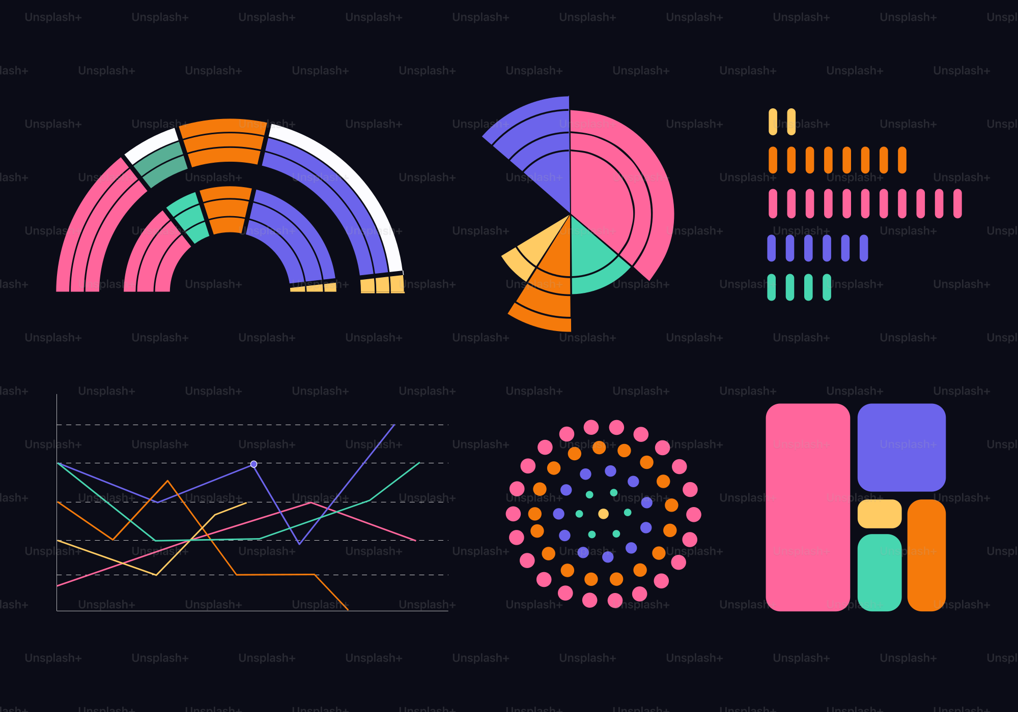 Collection of colorful abstract data visualizations on dark background ...
