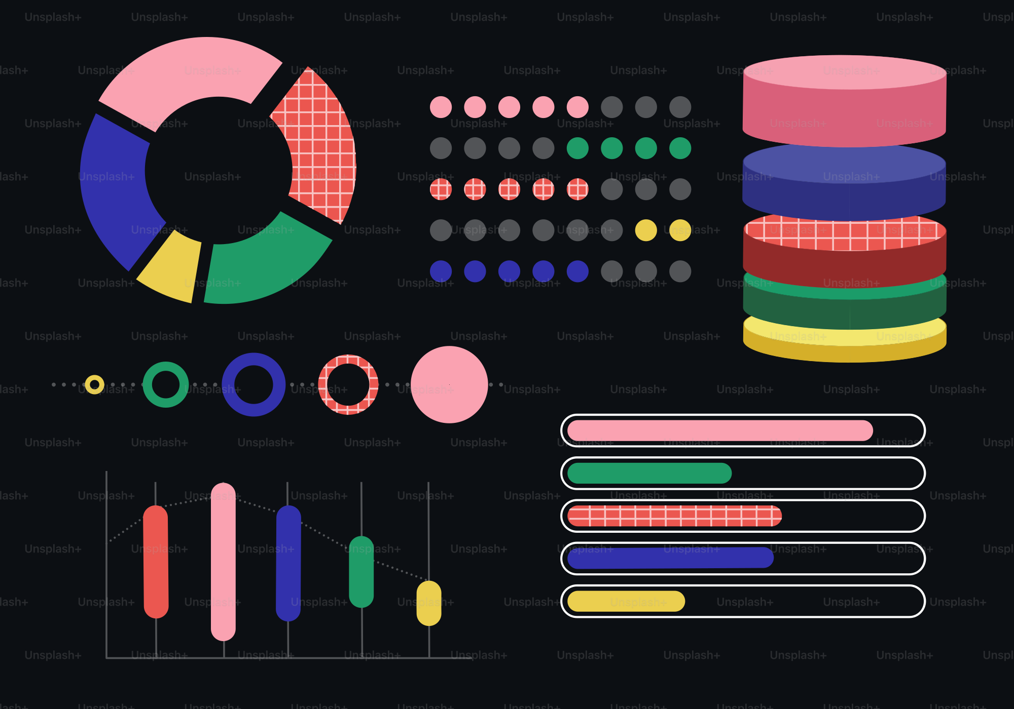 Collection of colorful abstract data visualizations on dark background ...