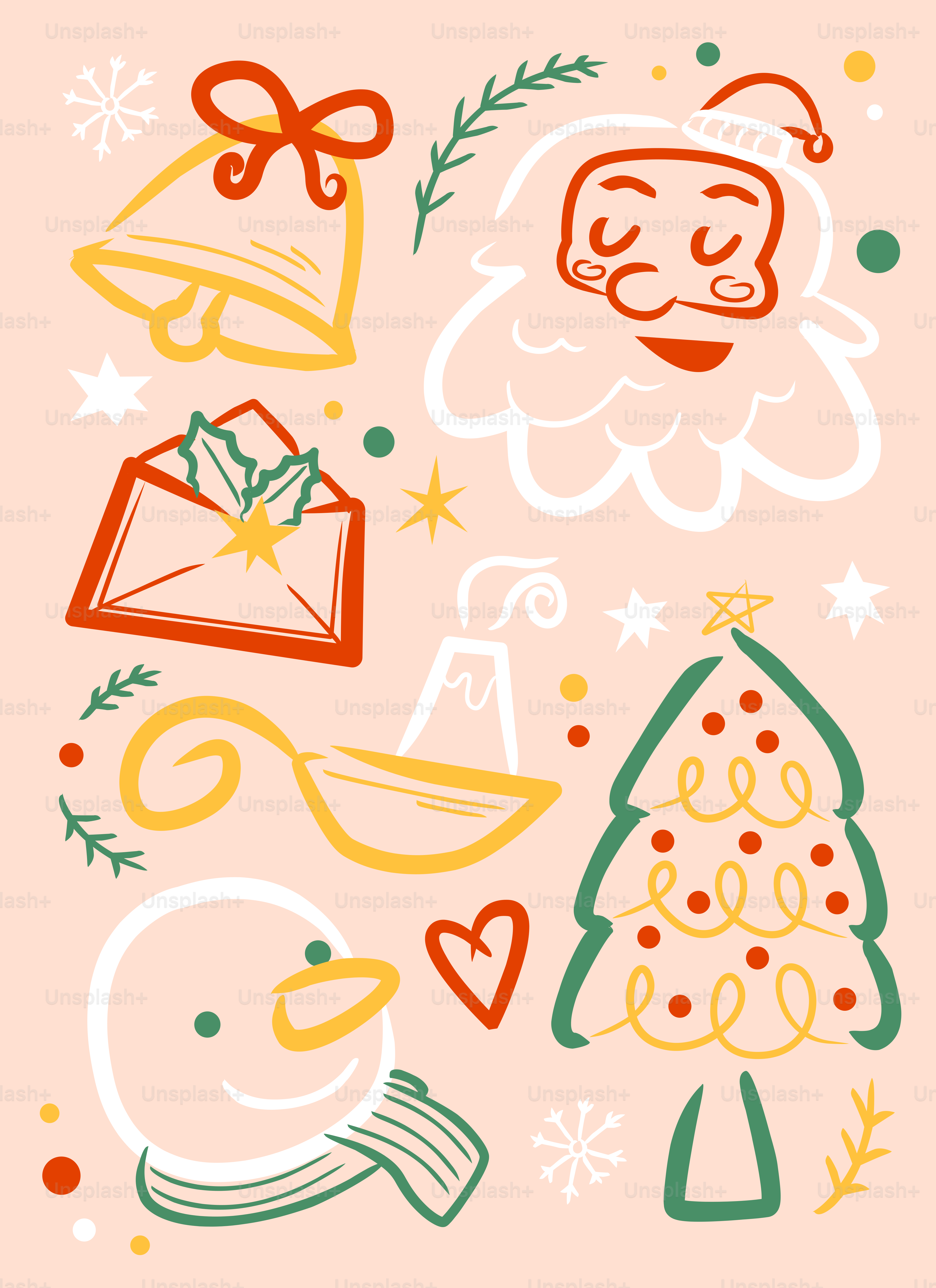 Christmas icons including santa, bell, snowman, and tree.