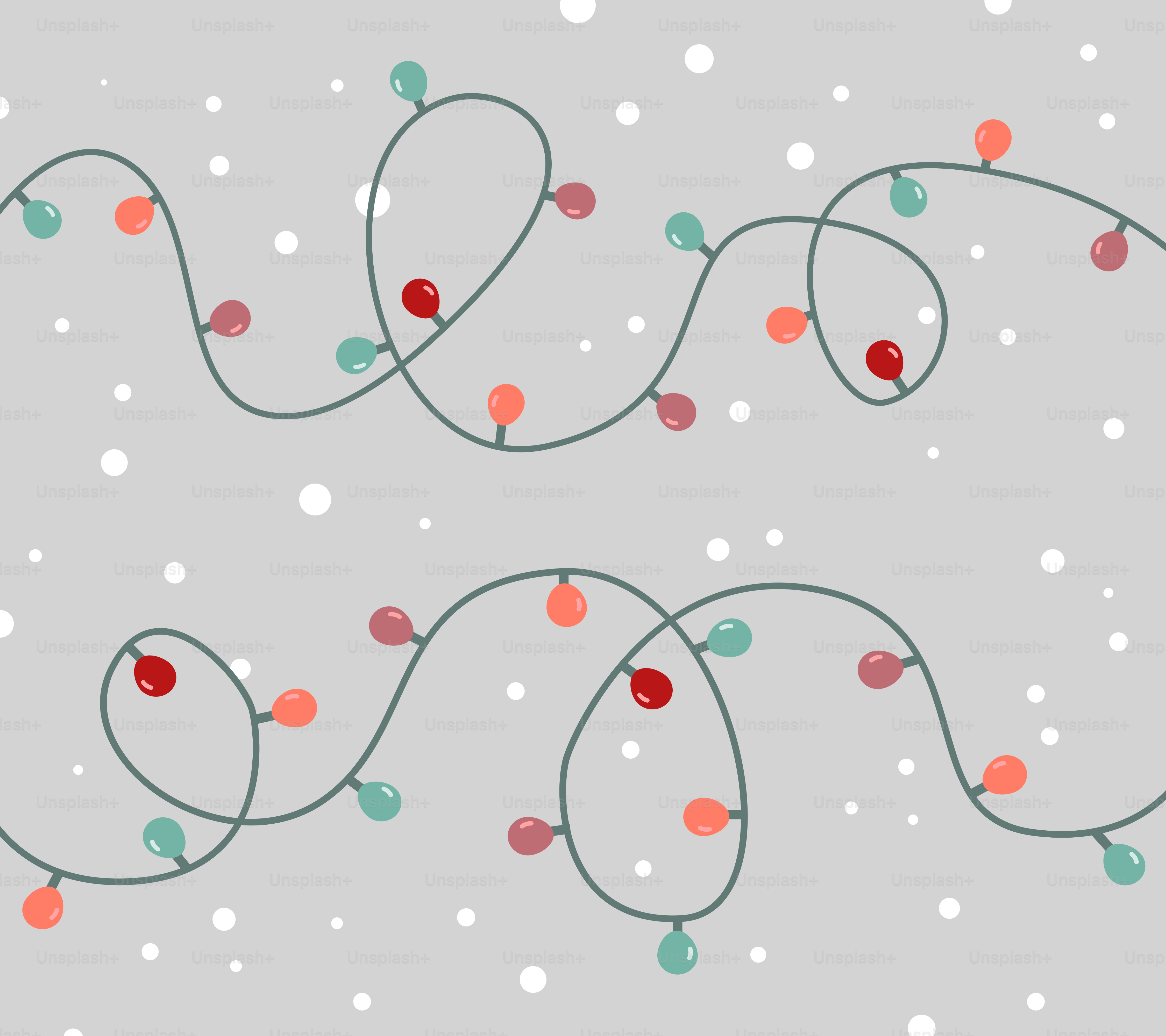 Christmas lights with falling snow on gray background