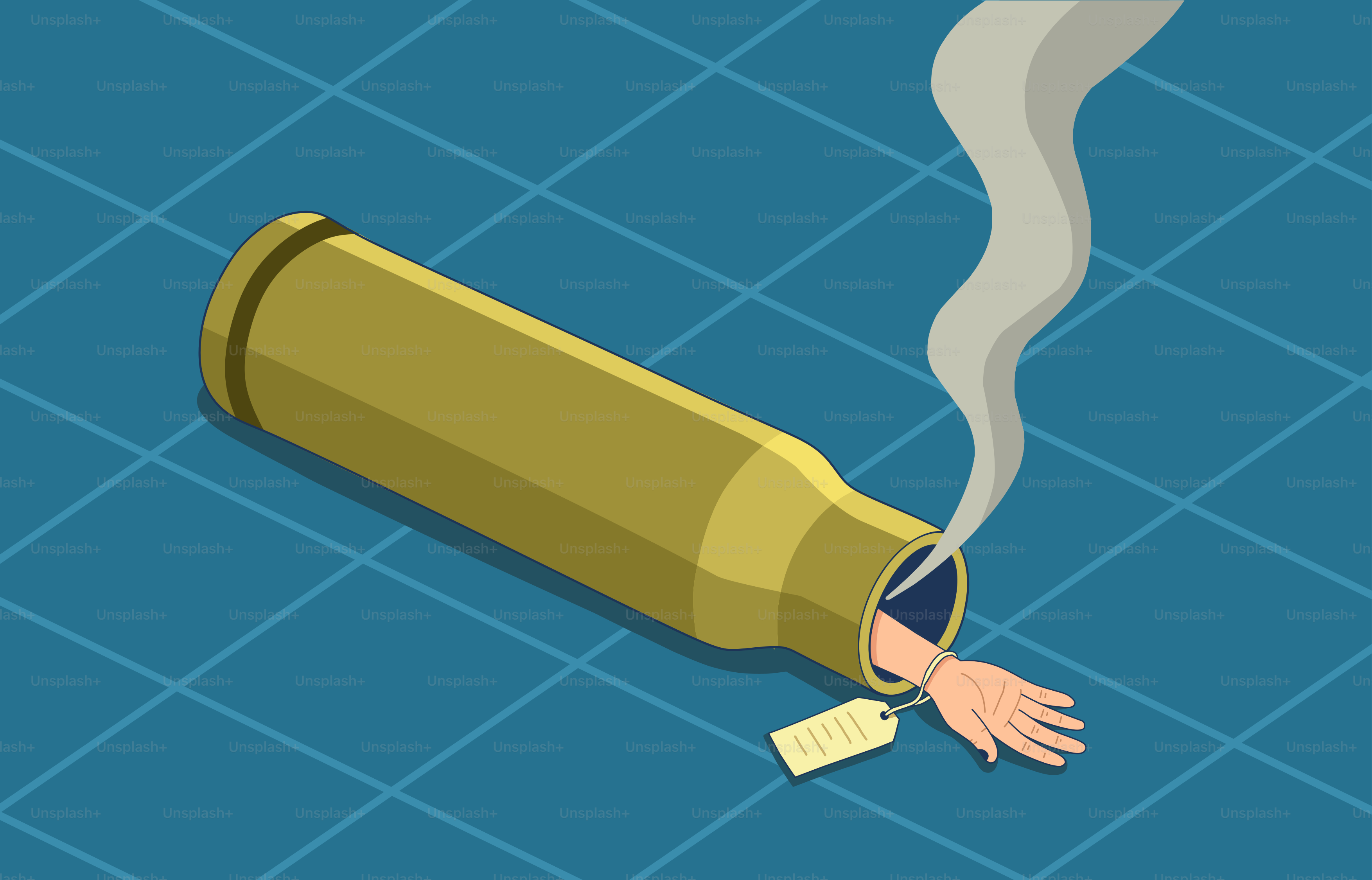 Une main émerge d’une douille de balle fumante.