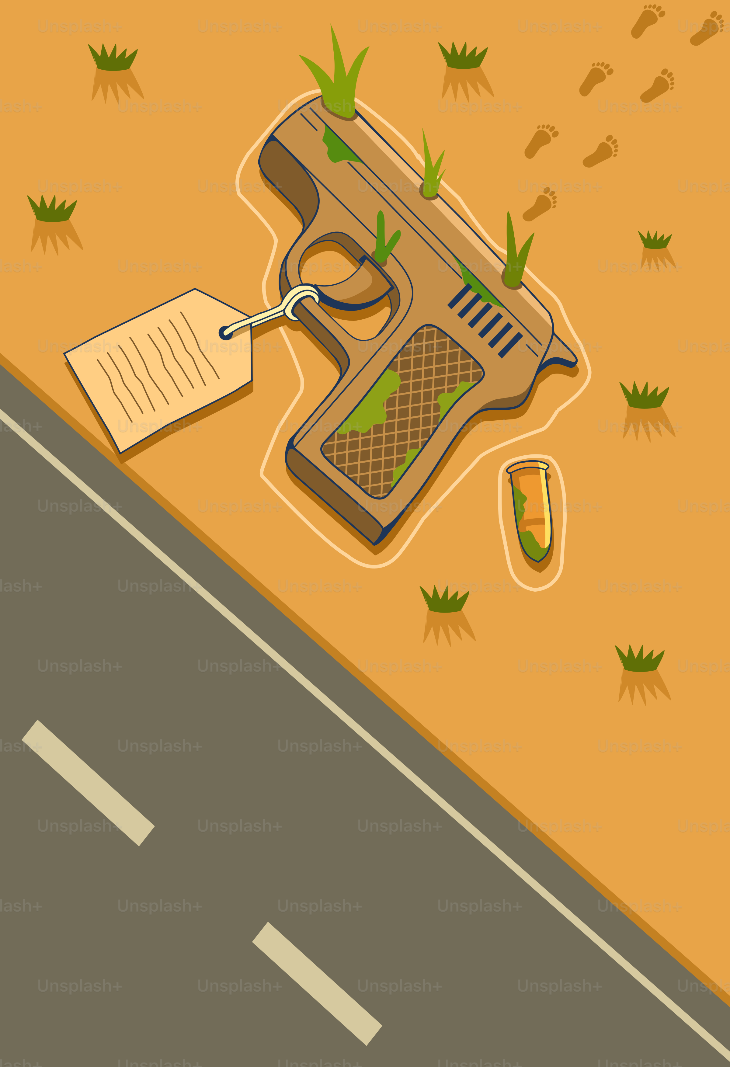 タグの付いた銃が道路近くの地面に横たわっている