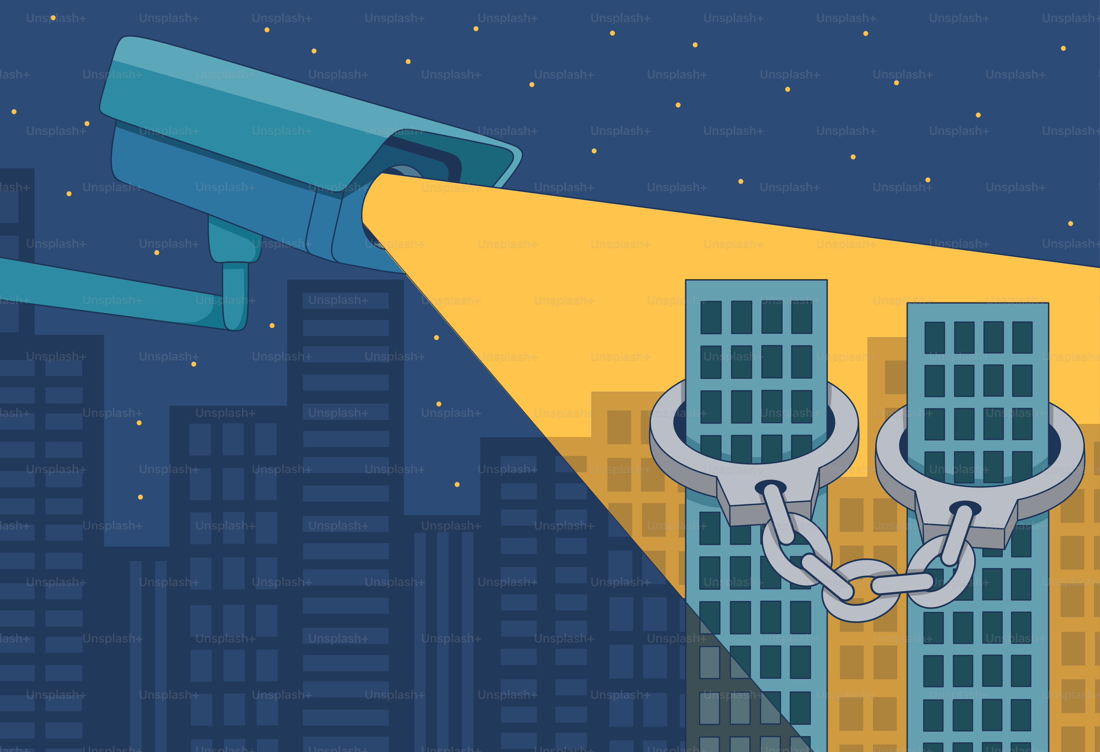 Surveillance camera spotlights handcuffed buildings at night.