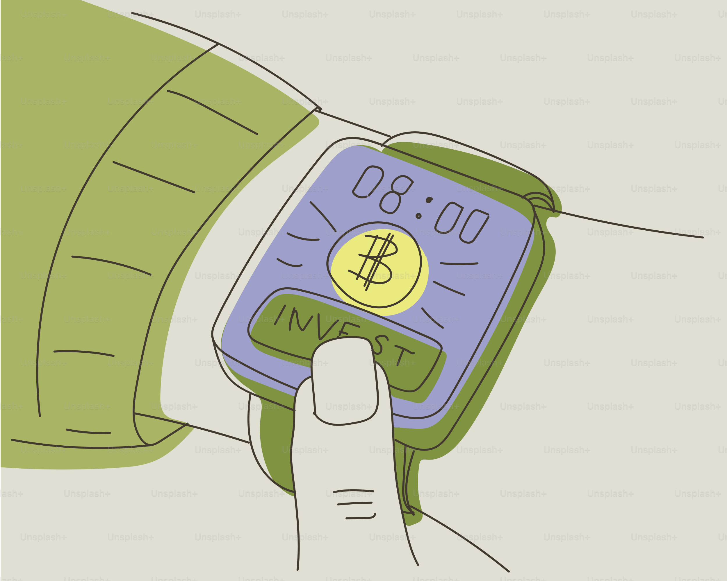 Hand pressing invest button on smartwatch with bitcoin symbol.