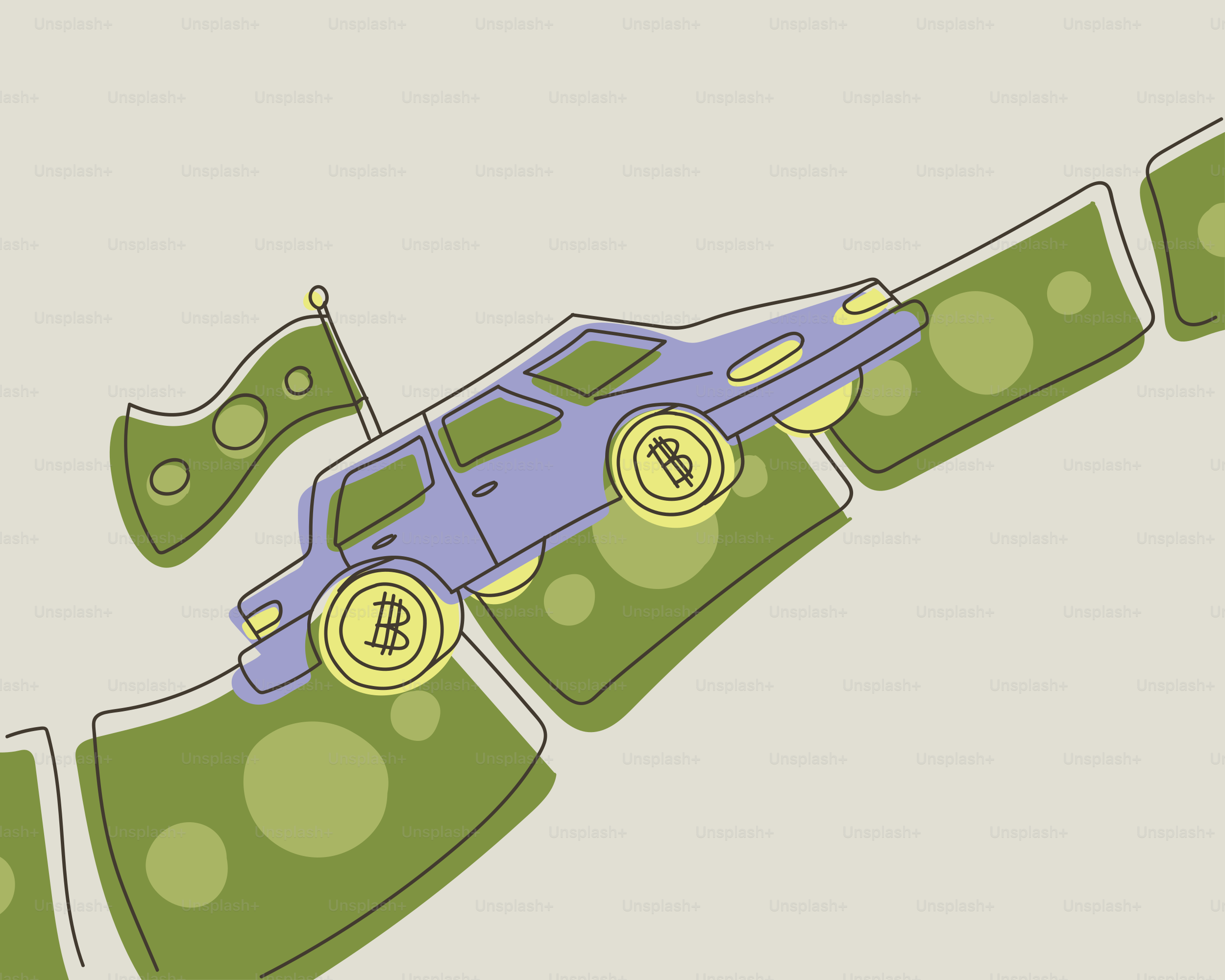 Car with bitcoin wheels on money road