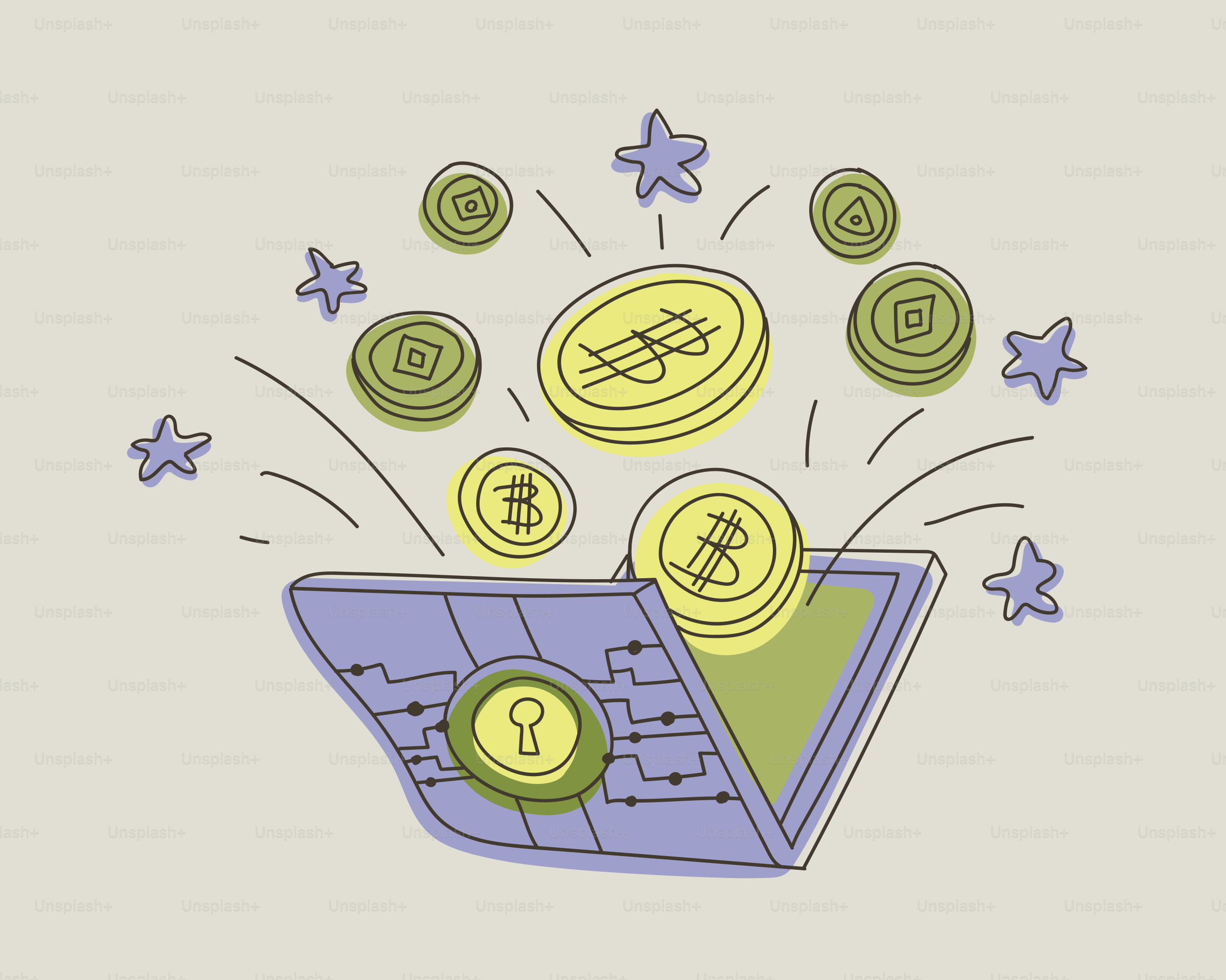 Cryptocurrency coins exploding from an open digital wallet.