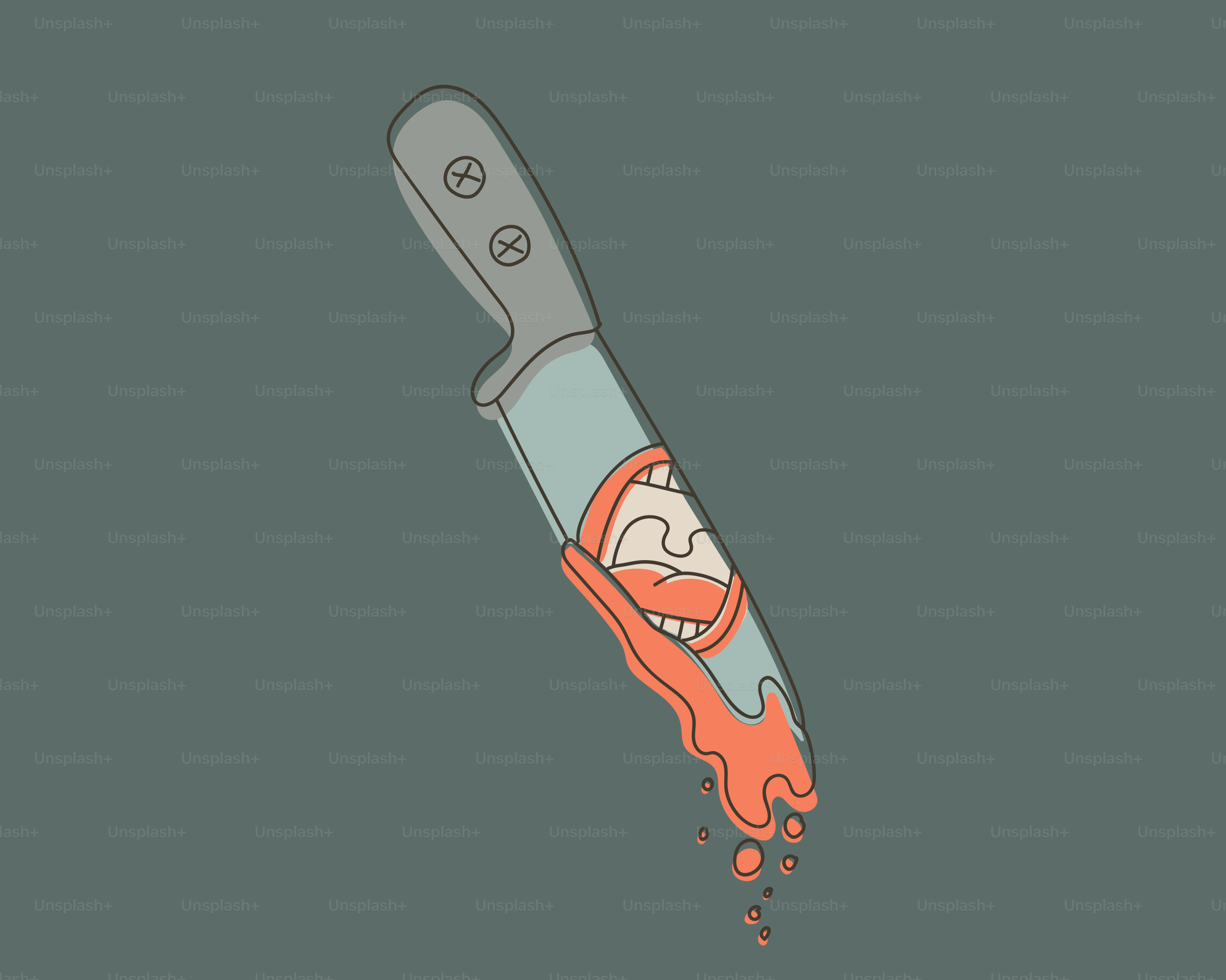 A knife with a smiling mouth and dripping blood.