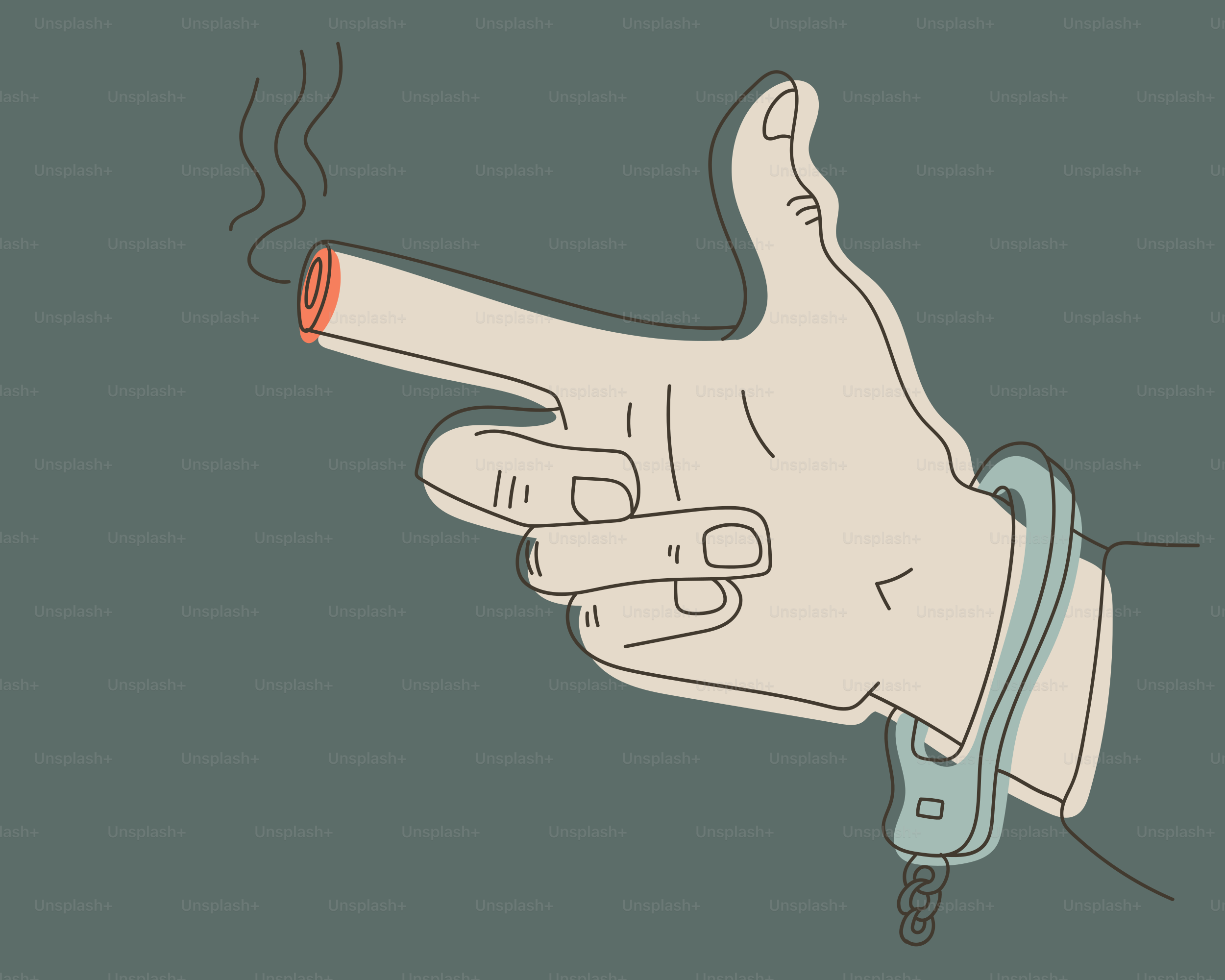 Hand in handcuffs pointing a lit cigarette like a gun