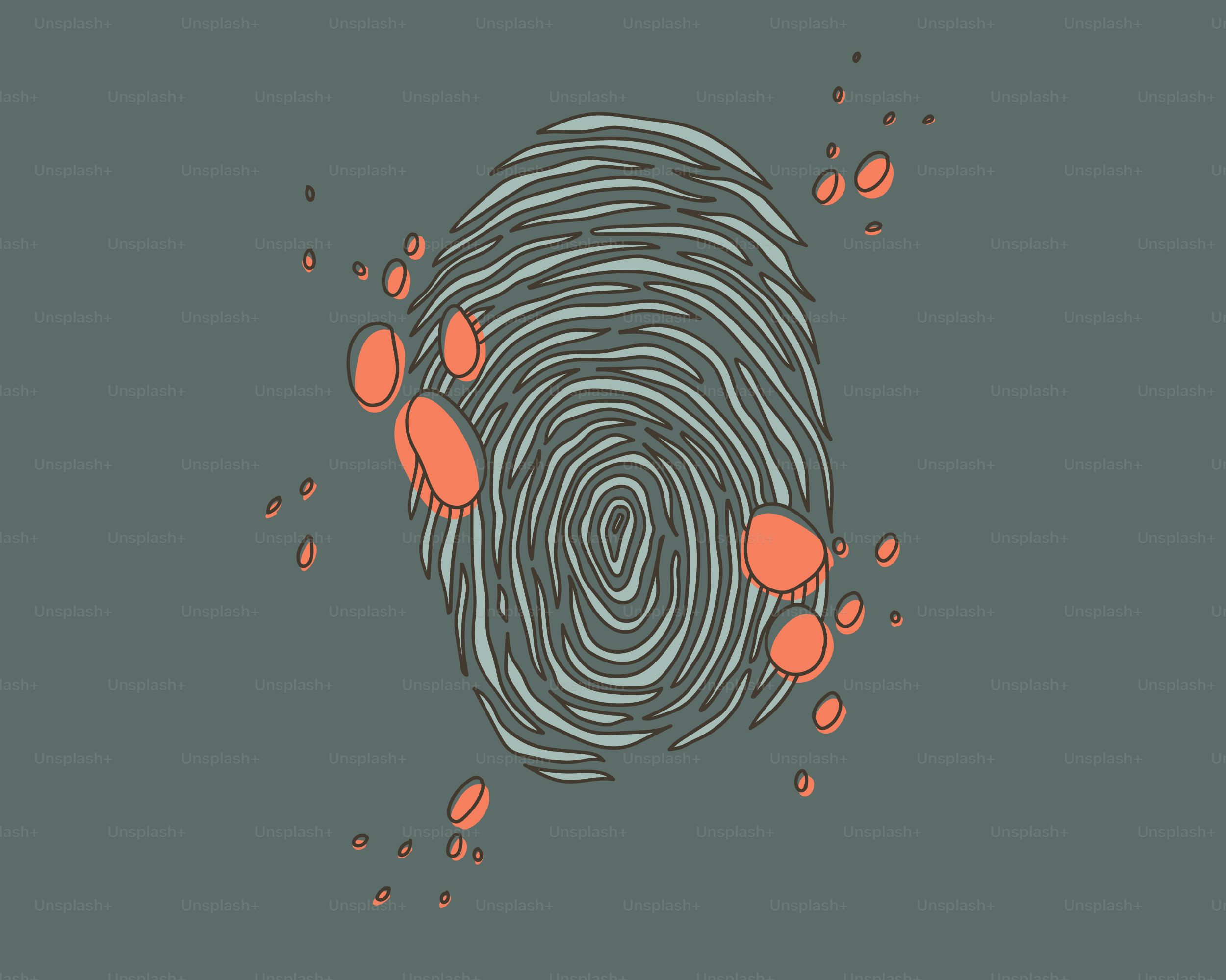Fingerprint with blood splatters on gray background