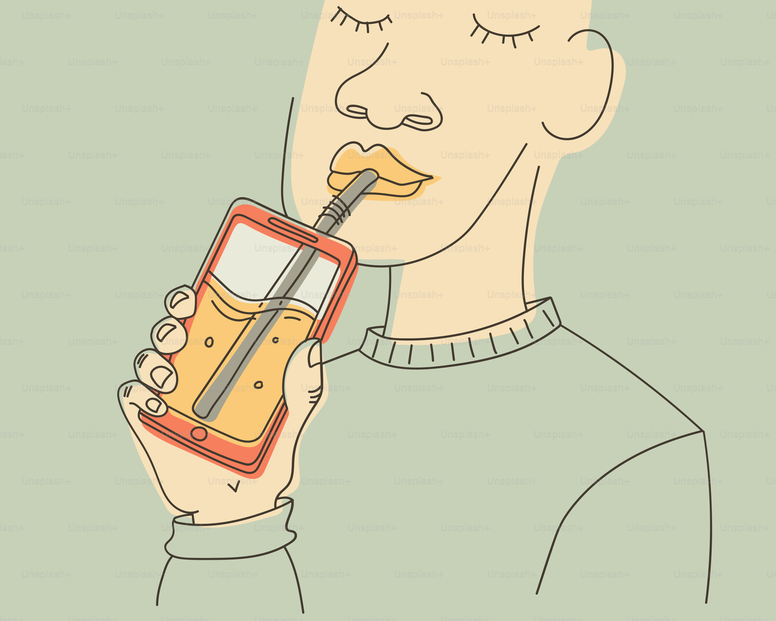 Person drinking from a smartphone with a straw