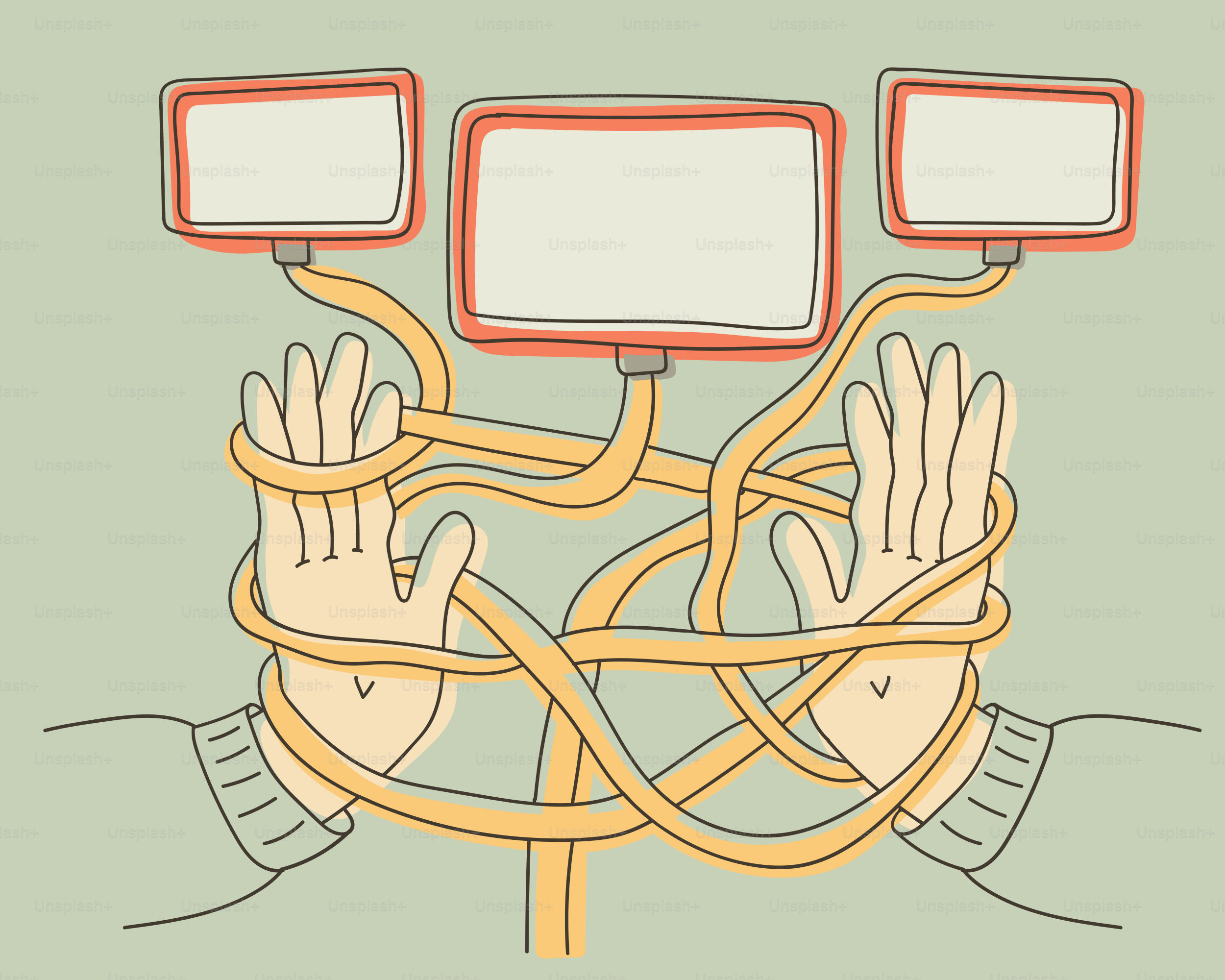 Hands tangled in wires connected to blank signs.