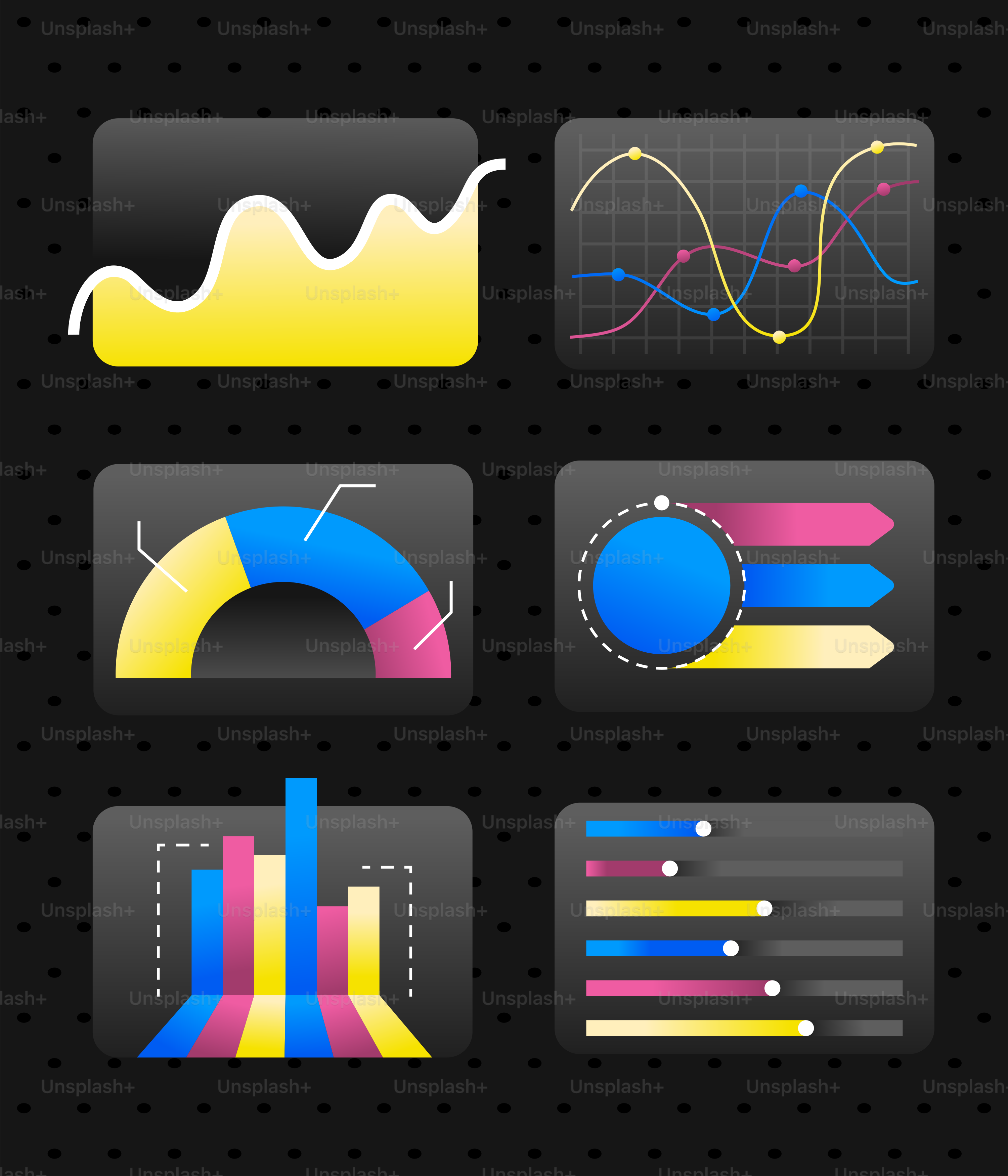 Collection de six tableaux de données et graphiques colorés.