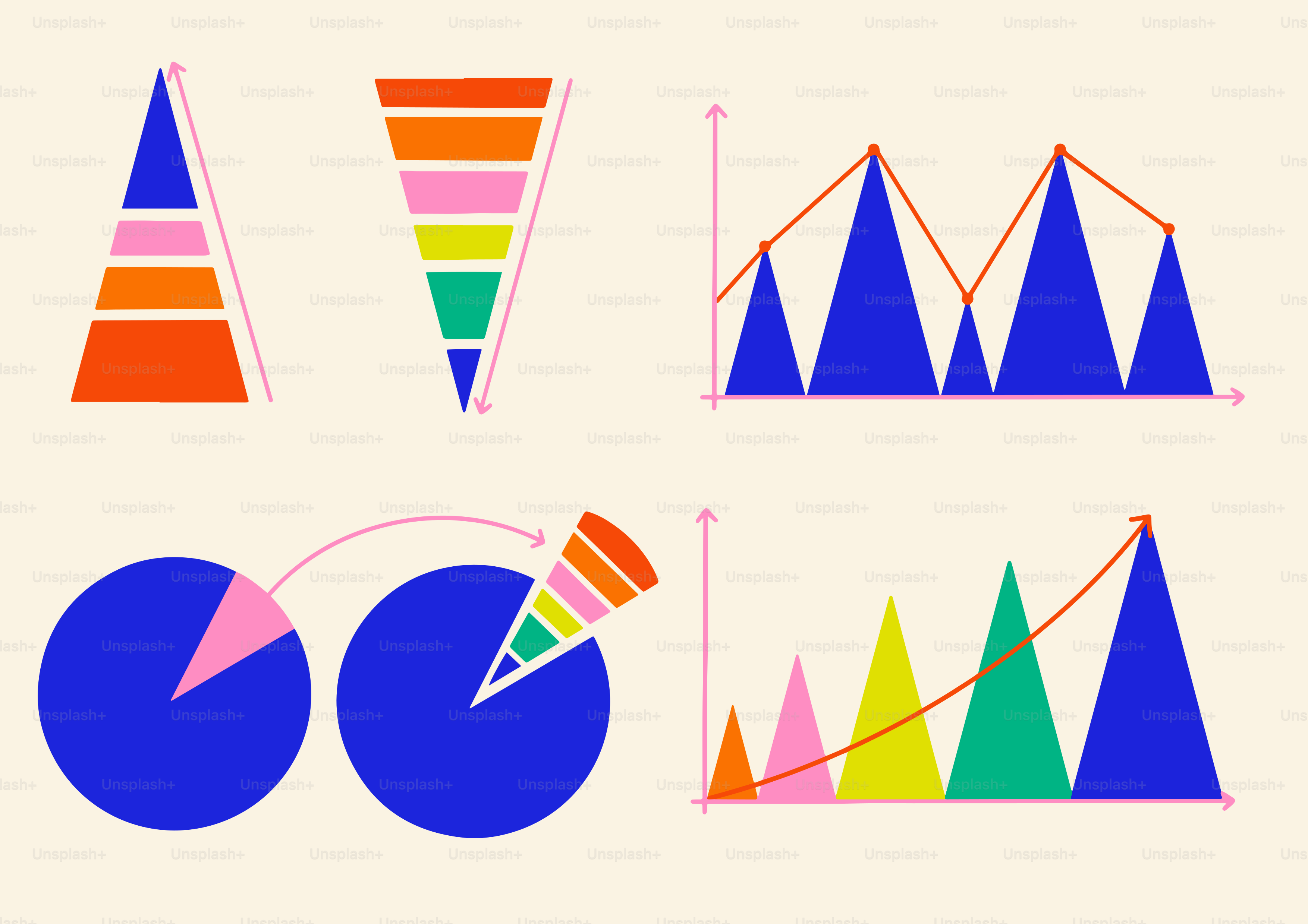 Grafici e grafici astratti colorati con forme geometriche.