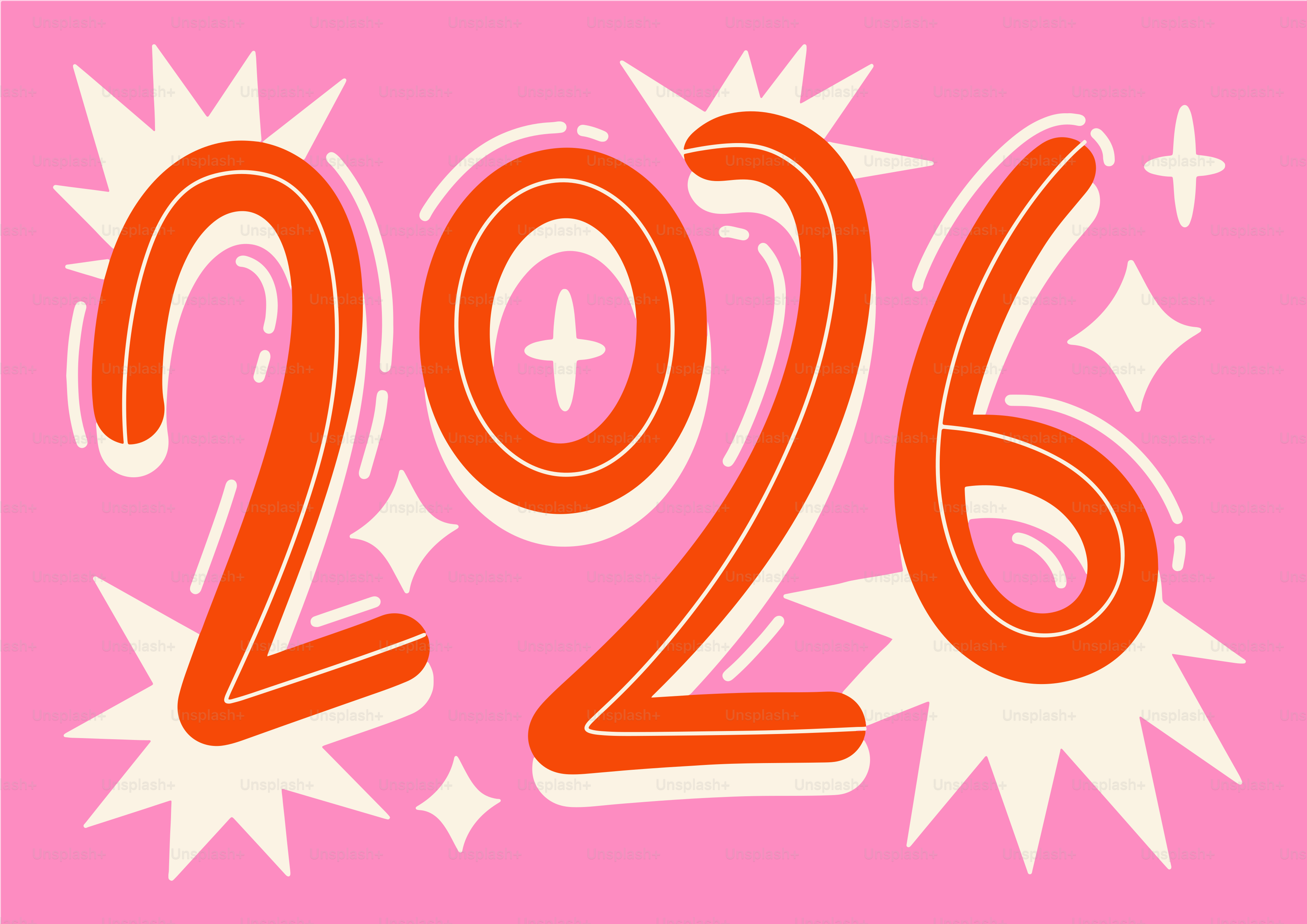 Números laranja 2026 sobre fundo rosa