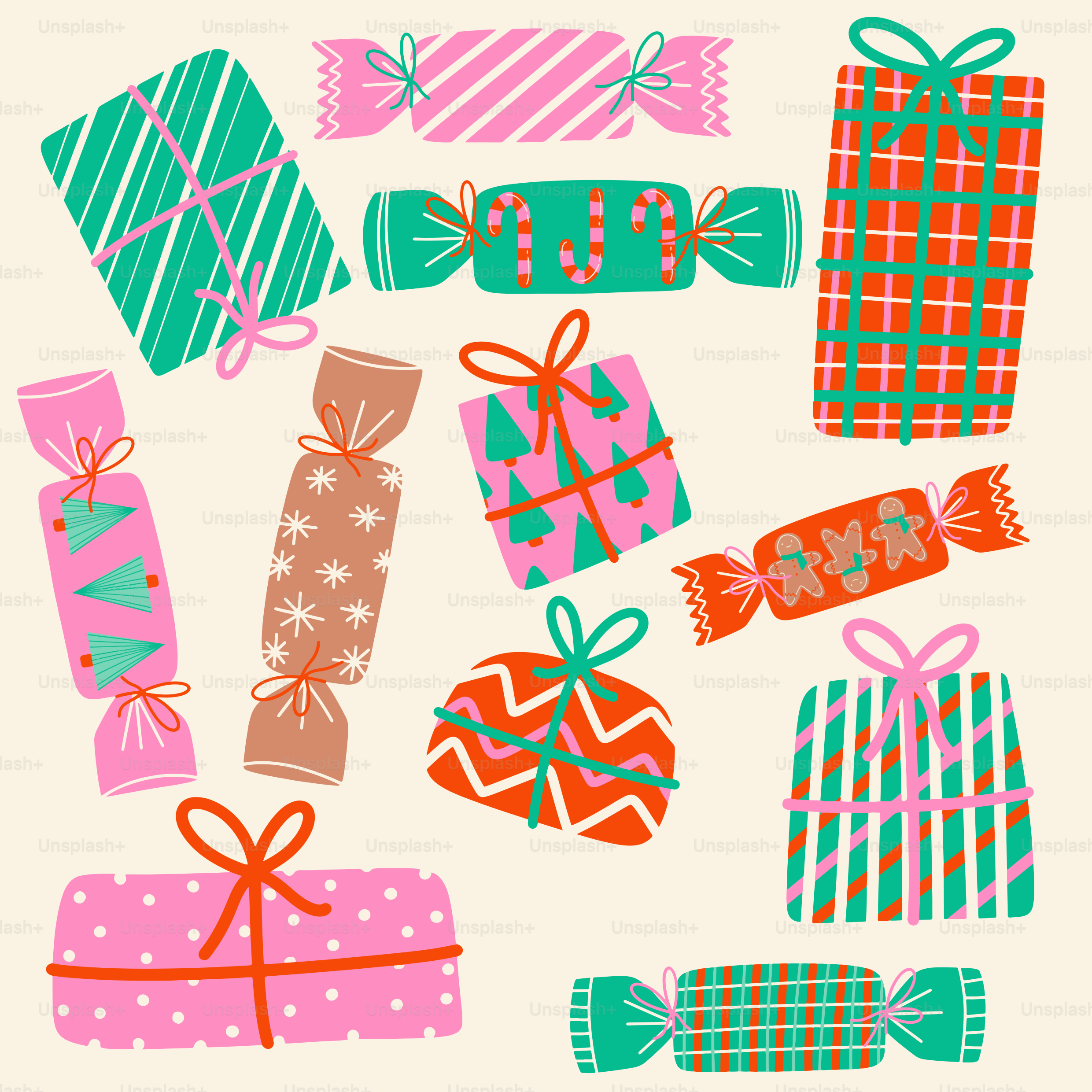 Assortment of colorful christmas gift boxes and candies