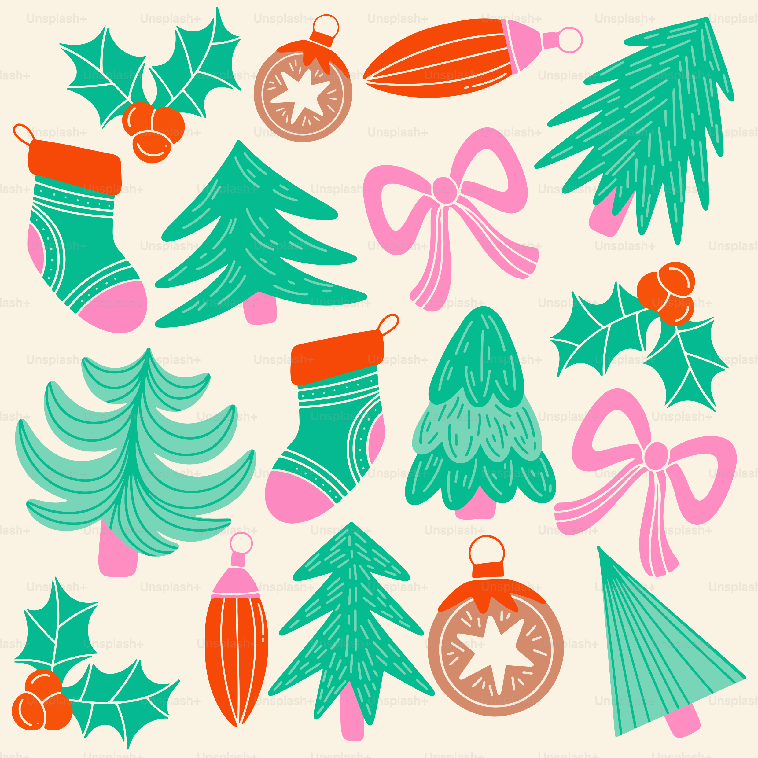 Christmas ornaments, trees, stockings, and holly