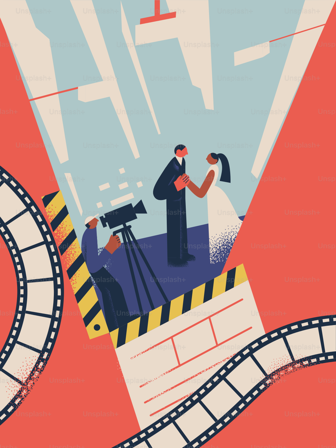 Wedding couple filmed on set with film reel
